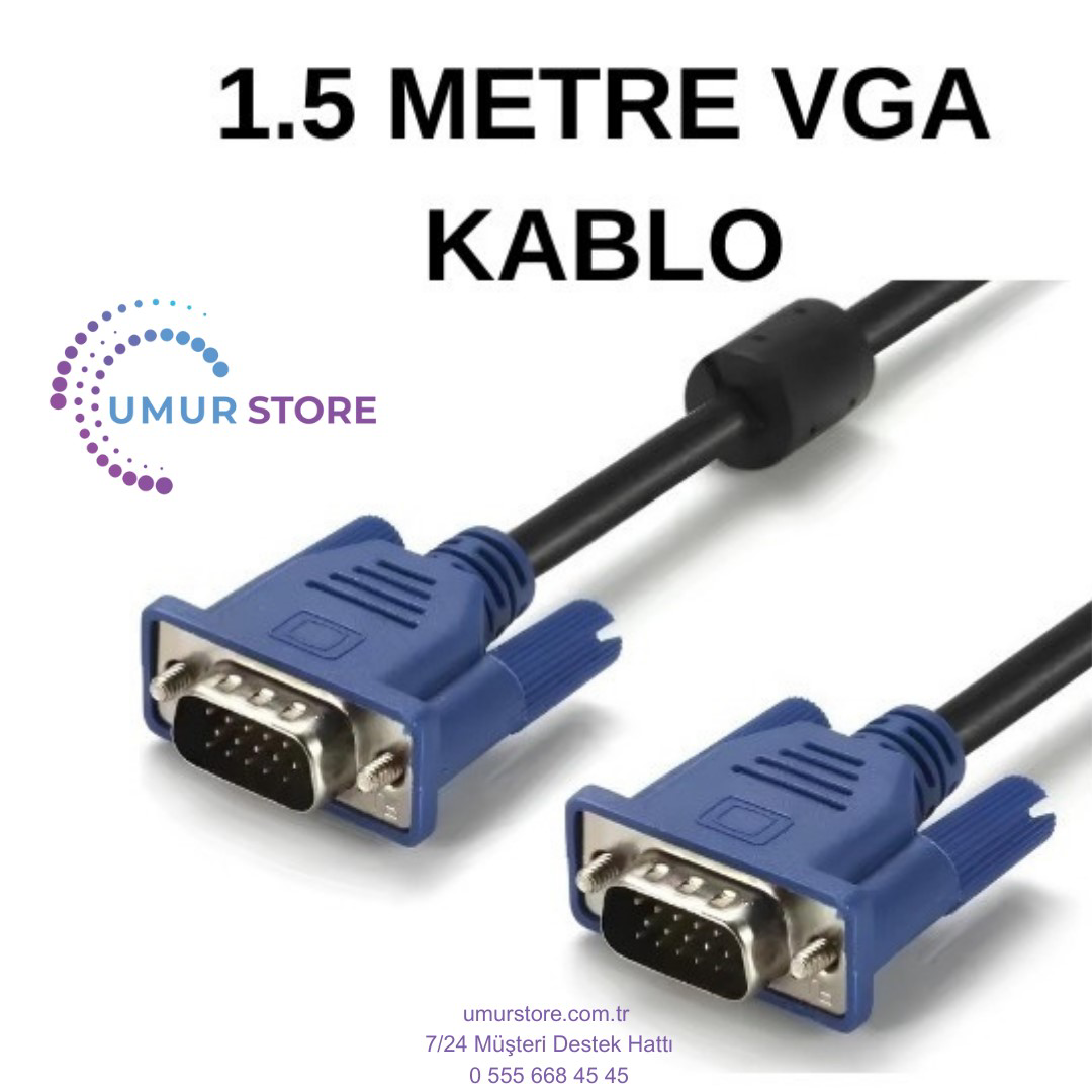 VGA Kablo – 1.5 Metre Net Görüntü, Dayanıklı  Erkek‑Erkek Görüntü