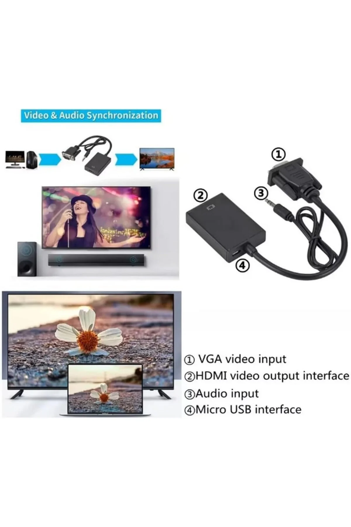 VGA to HDMI Çevirici Adaptör 3.5 Mm Ses Girişli