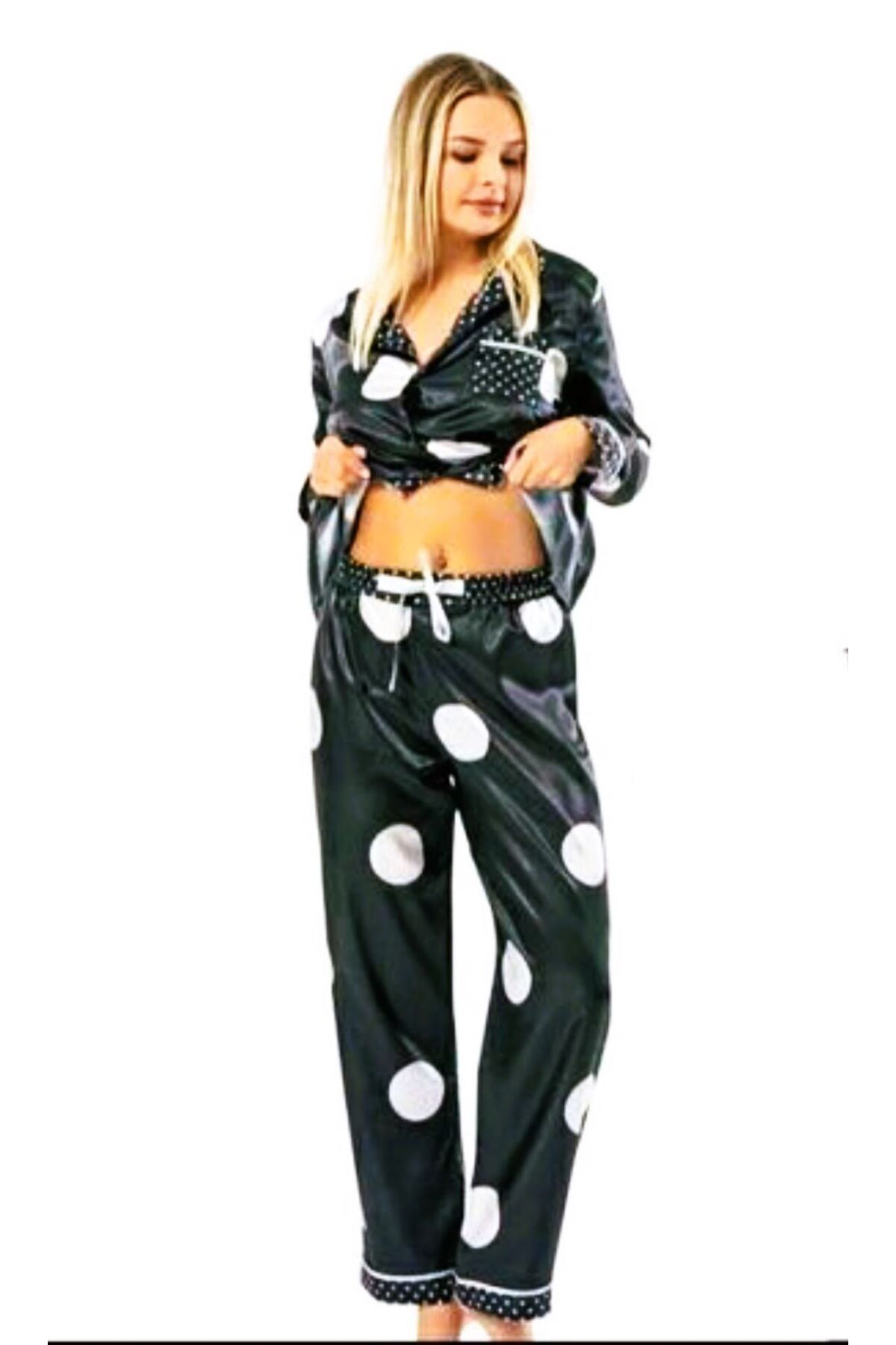 Xsapienza Victoria's Önden Düğmeli Saten Pijama Takımı Siyah