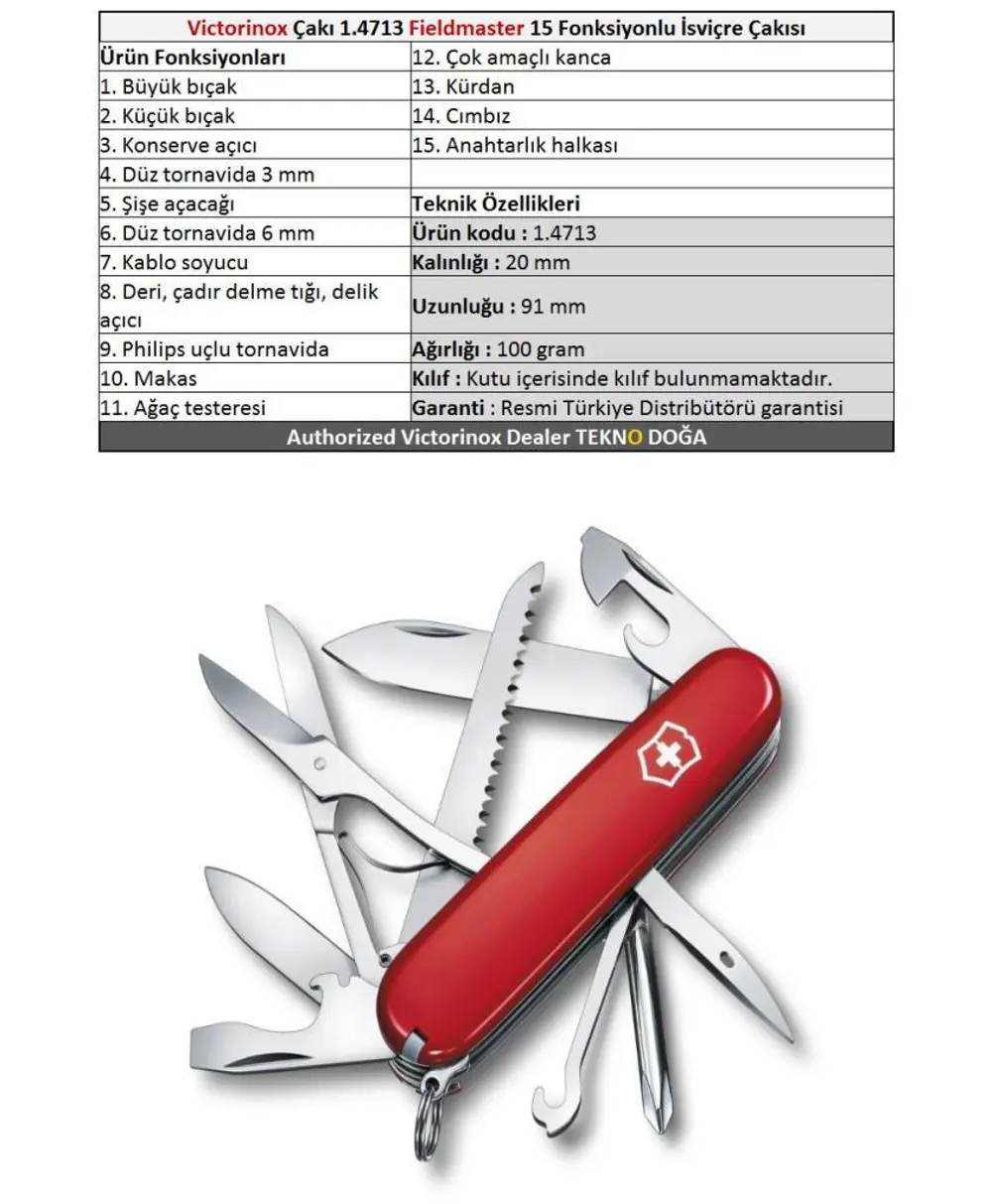 Victorinox Fieldmaster 1.4713 Kırmızı İsviçre Çakısı 91mm 15F Victorinox Fieldmaster 1.4713 Kırmızı İsviçre Çakısı 91mm 15F