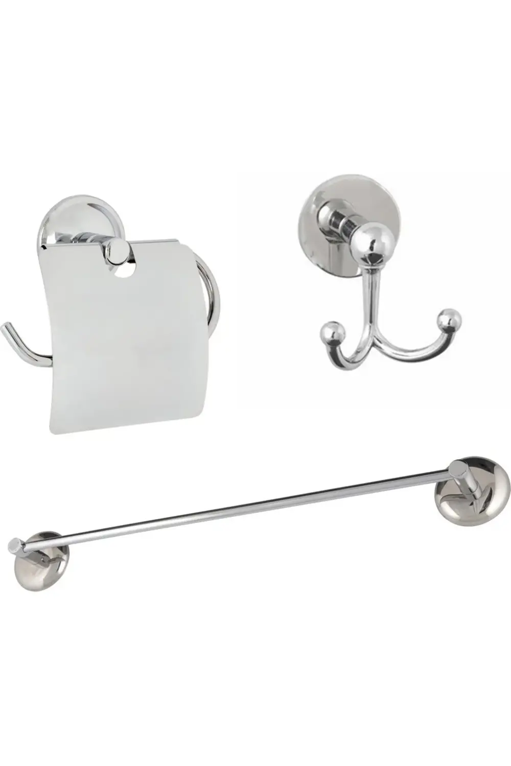 Vidalı Krom Üçlü Banyo Aksesuar Seti - Uzun Havluluk - Banyo Askı