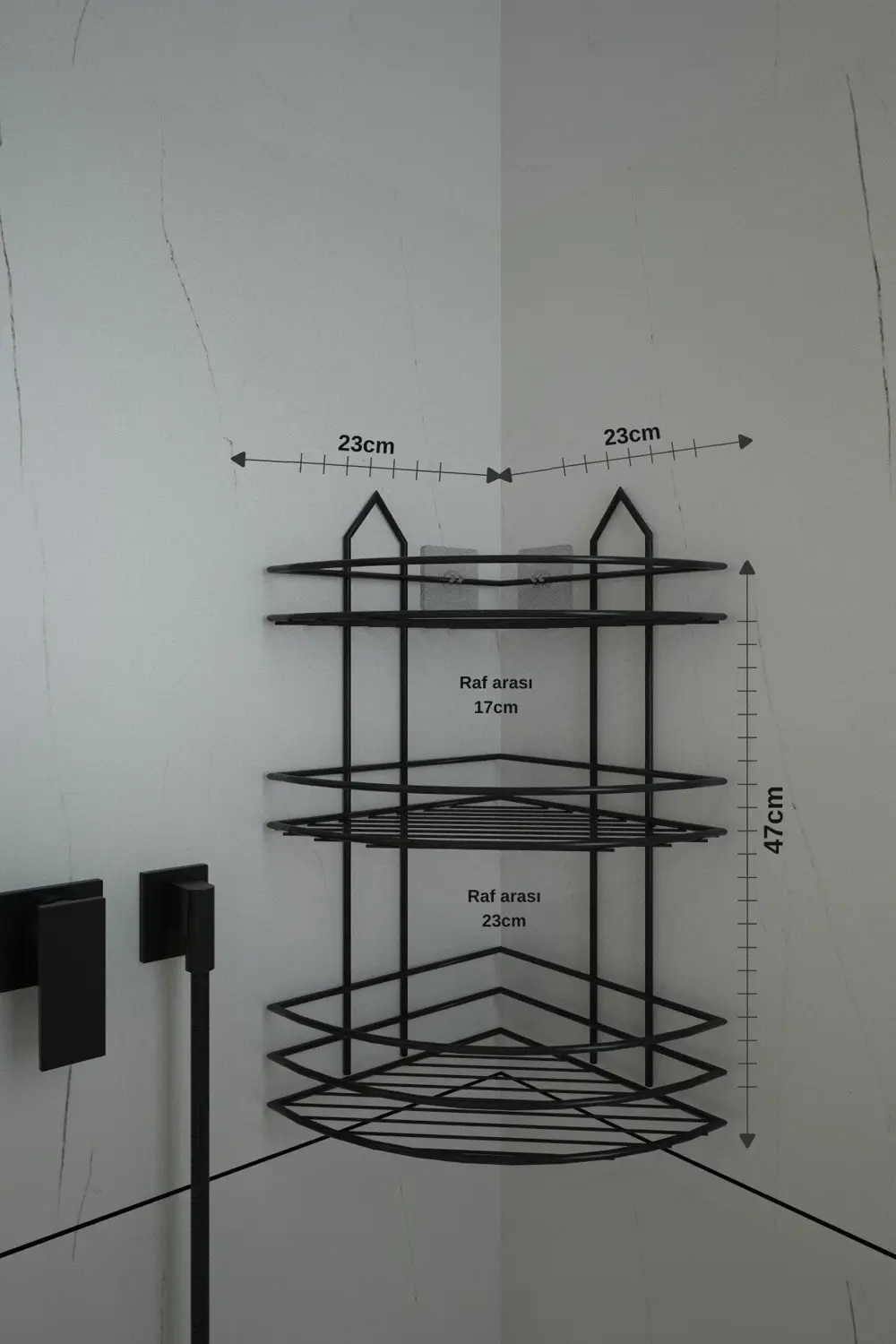 Vİdalı Siyah Banyo Köşeliği 3 Katlı Köşe Rafı Şampuanlık Düzenley