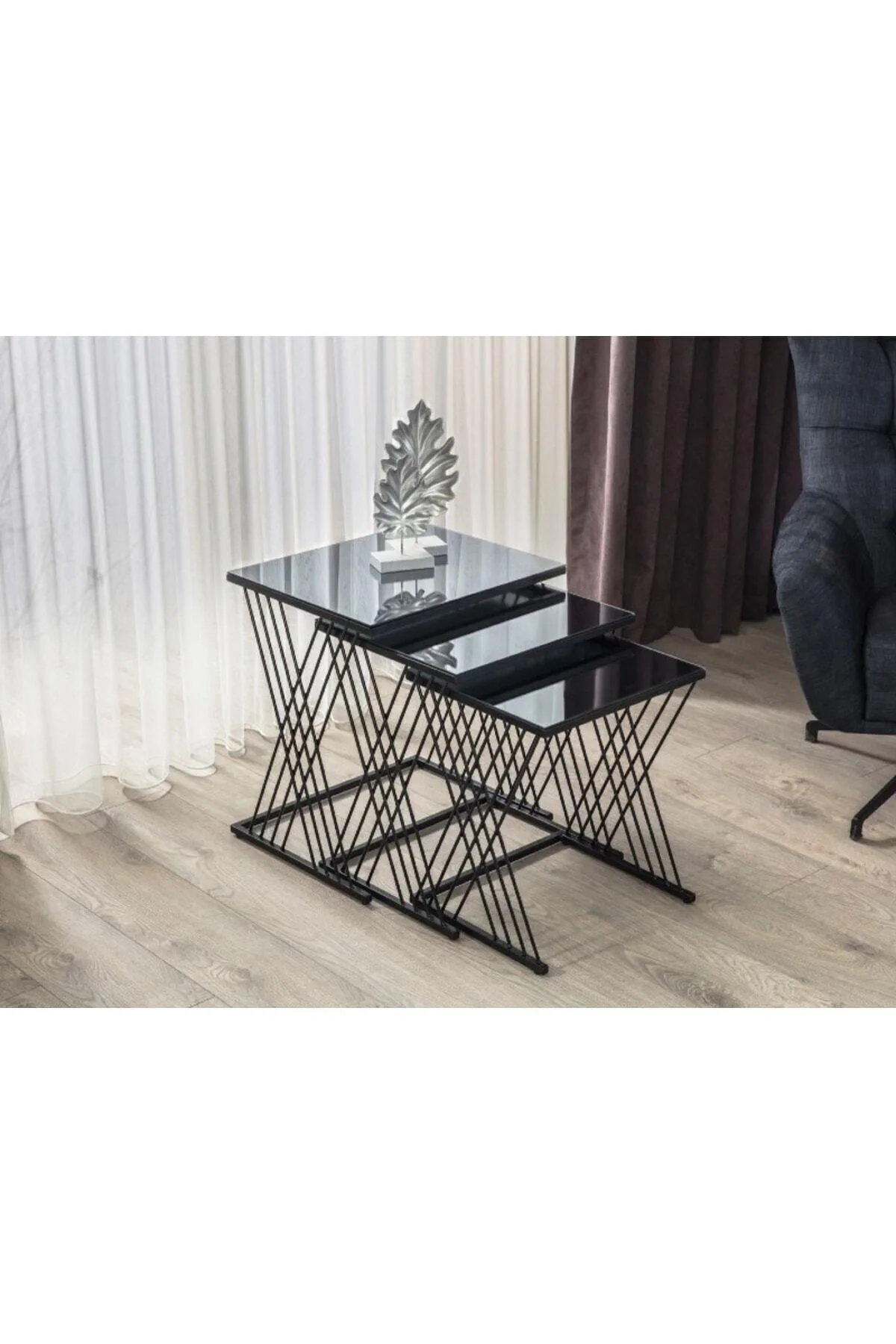 Vienna Siyah Metal Ayaklı,füme Aynalı Zigon Sehpa