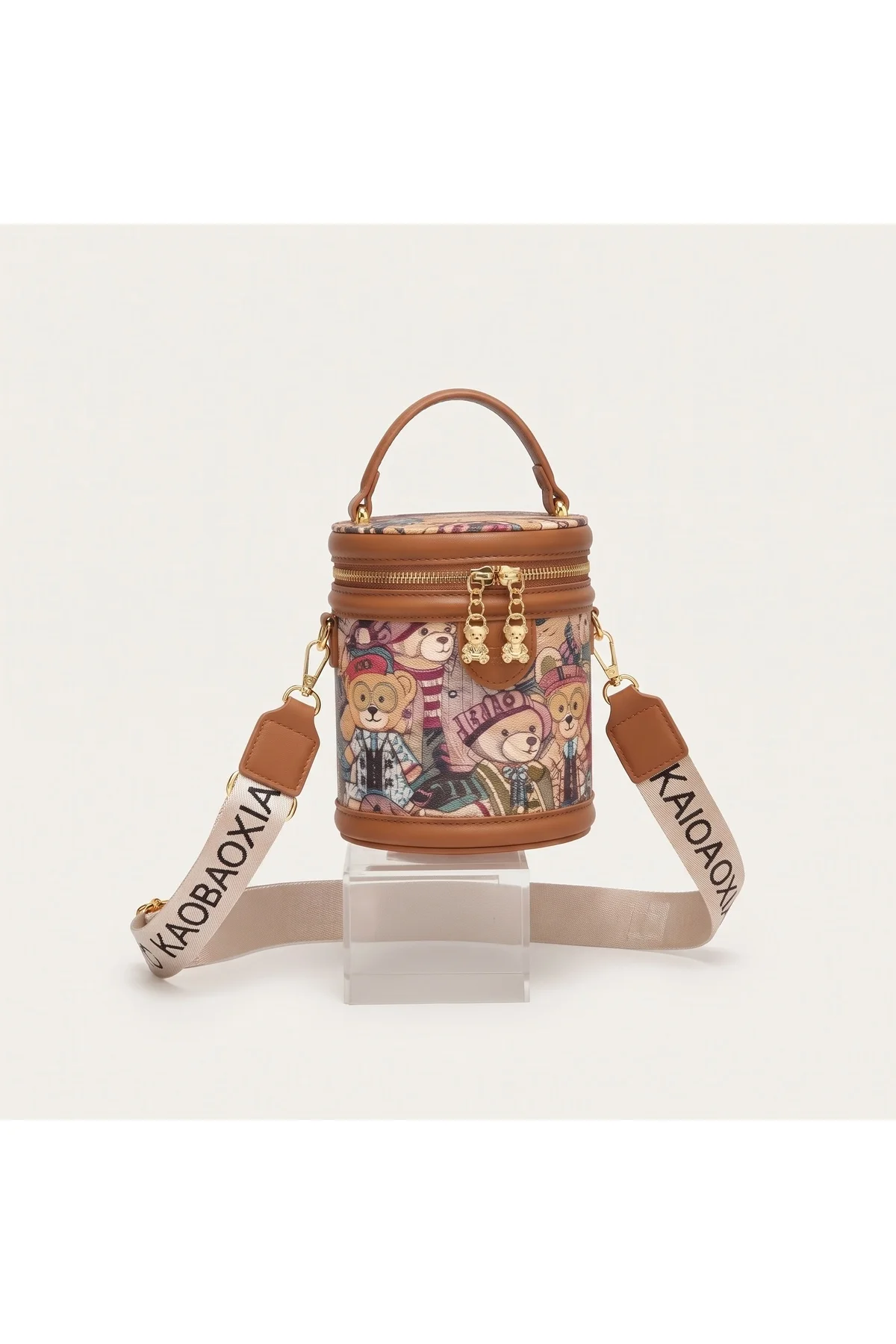Vintage Ayıcık Baskılı Kahverengi Detaylı Crossbody ve Elde Taşıma Çantası Vintage Ayıcık Baskılı Kahverengi Detaylı Crossbody ve Elde Taşıma Çantası