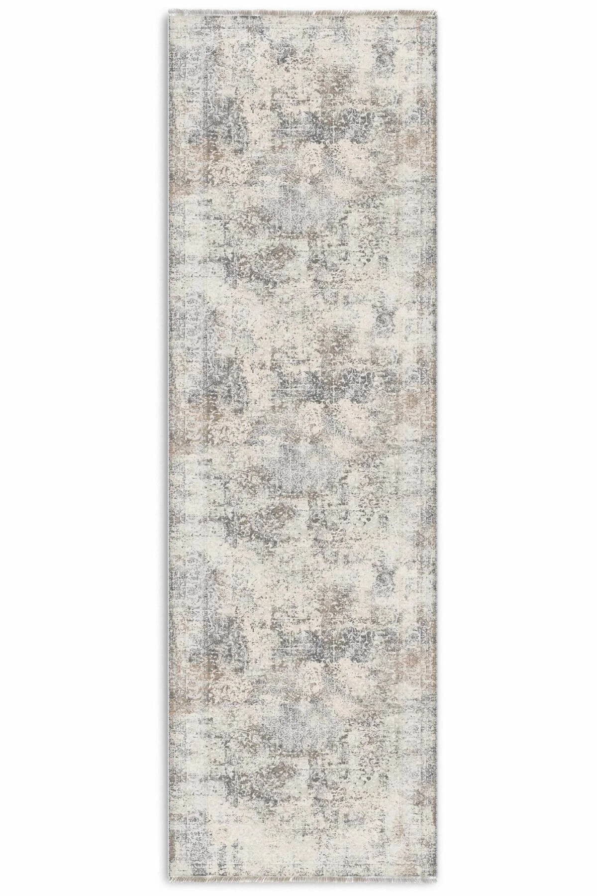Vintage Bej Gri Şönil Halı Kilim Yolluk Kaymaz Yıkanabilir Saçakl