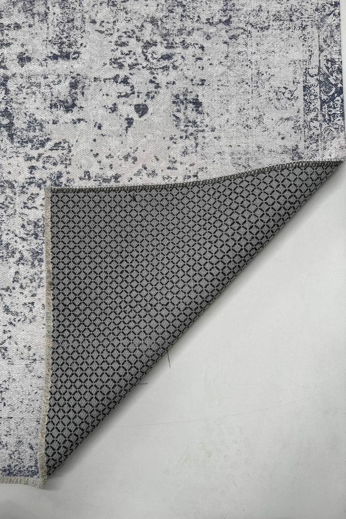 Vintage Bej Gri Şönil Halı Kilim Yolluk Kaymaz Yıkanabilir Saçakl
