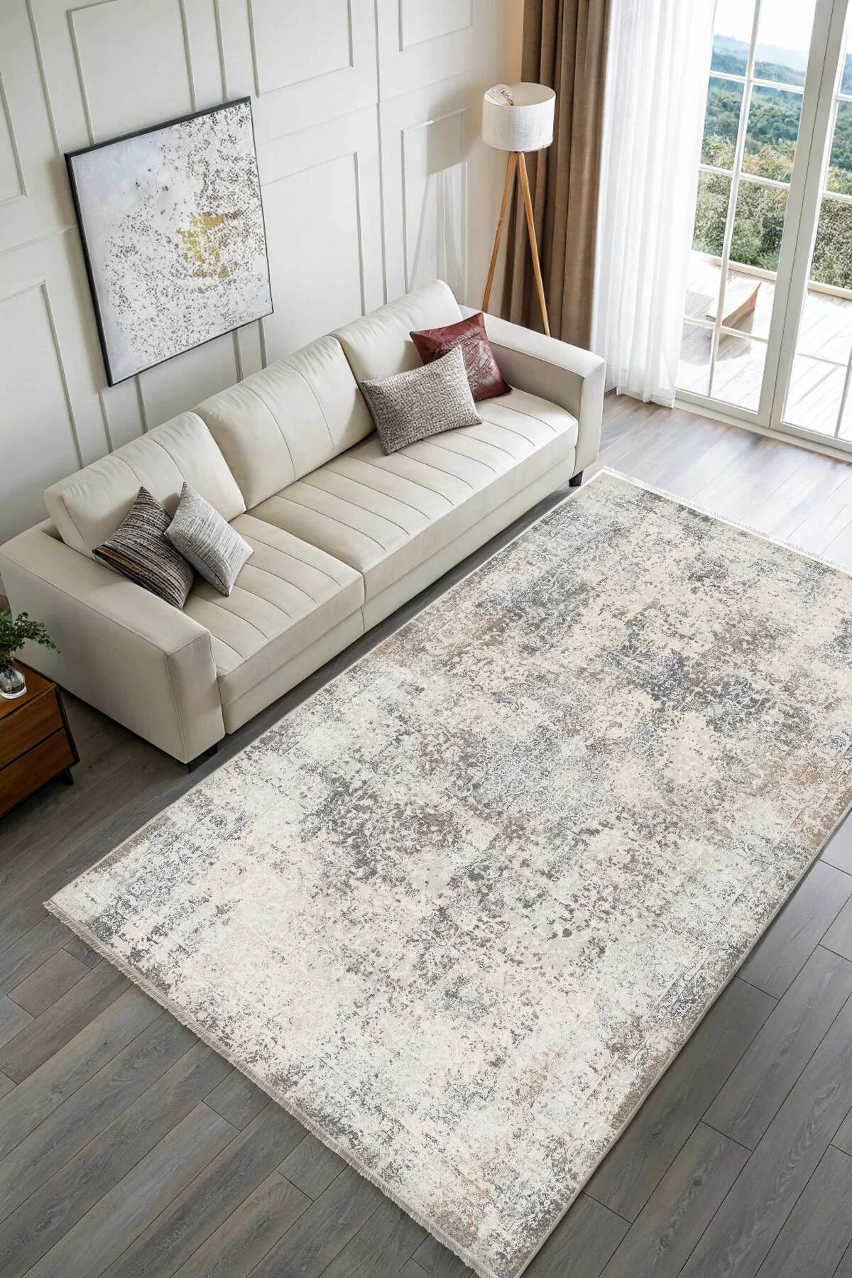 Vintage Bej Gri Şönil Halı Kilim Yolluk Kaymaz Yıkanabilir Saçakl