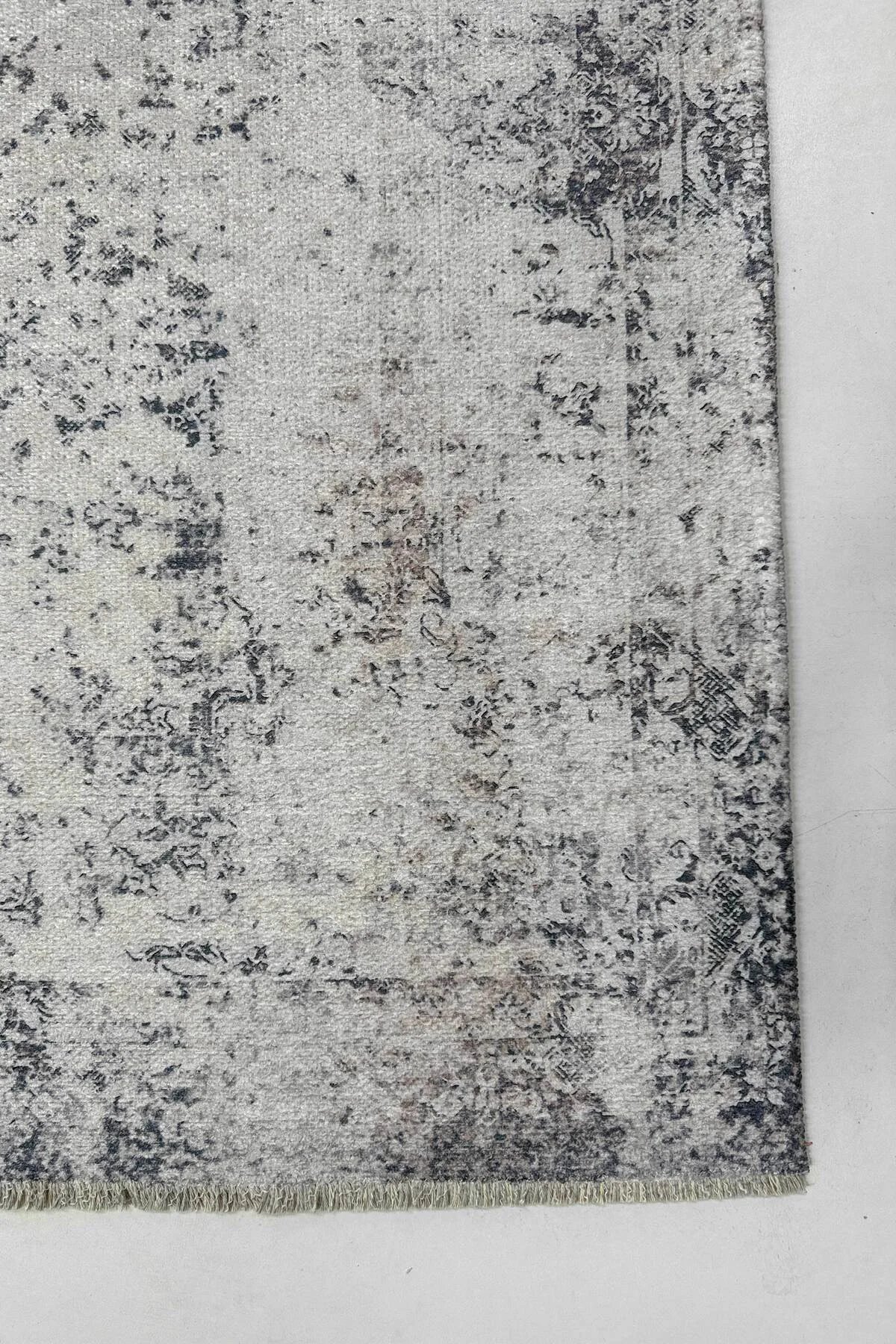 Vintage Bej Gri Şönil Halı Kilim Yolluk Kaymaz Yıkanabilir Saçakl