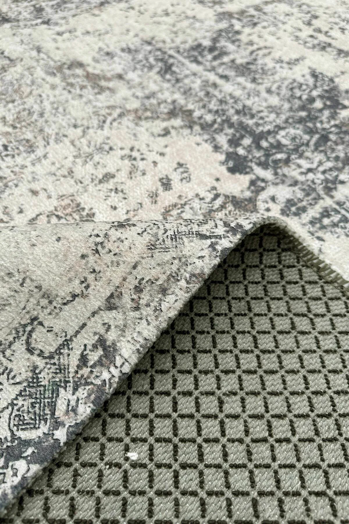 Vintage Bej Gri Şönil Halı Kilim Yolluk Kaymaz Yıkanabilir Saçakl
