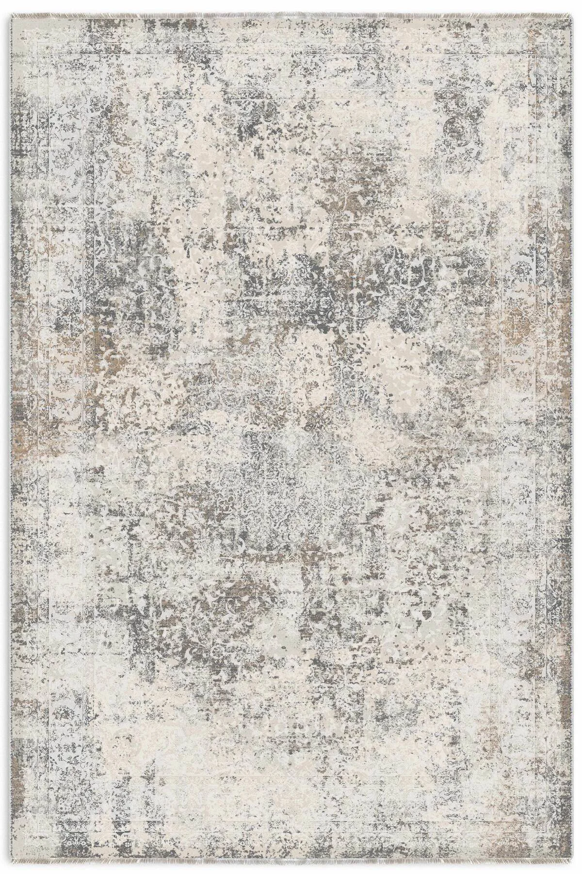 Vintage Bej Gri Şönil Halı Kilim Yolluk Kaymaz Yıkanabilir Saçakl