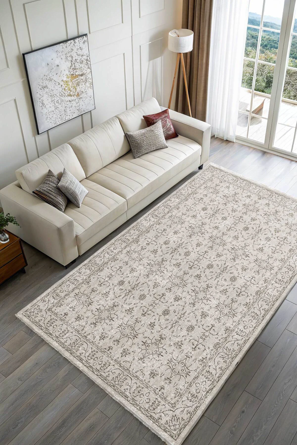 Vintage Bej Şönil Halı Kilim Yolluk Kaymaz Yıkanabilir Salon Otur