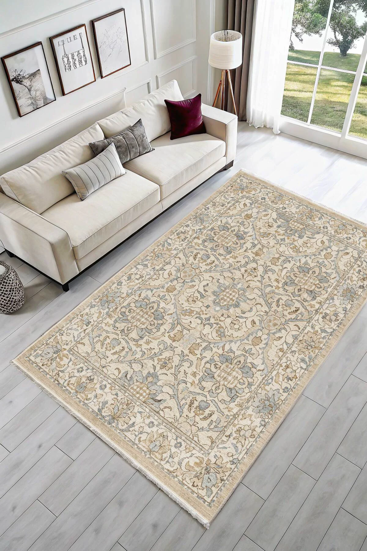 Vintage Bej Şönil Halı Kilim Yolluk Kaymaz Yıkanabilir Salon Otur
