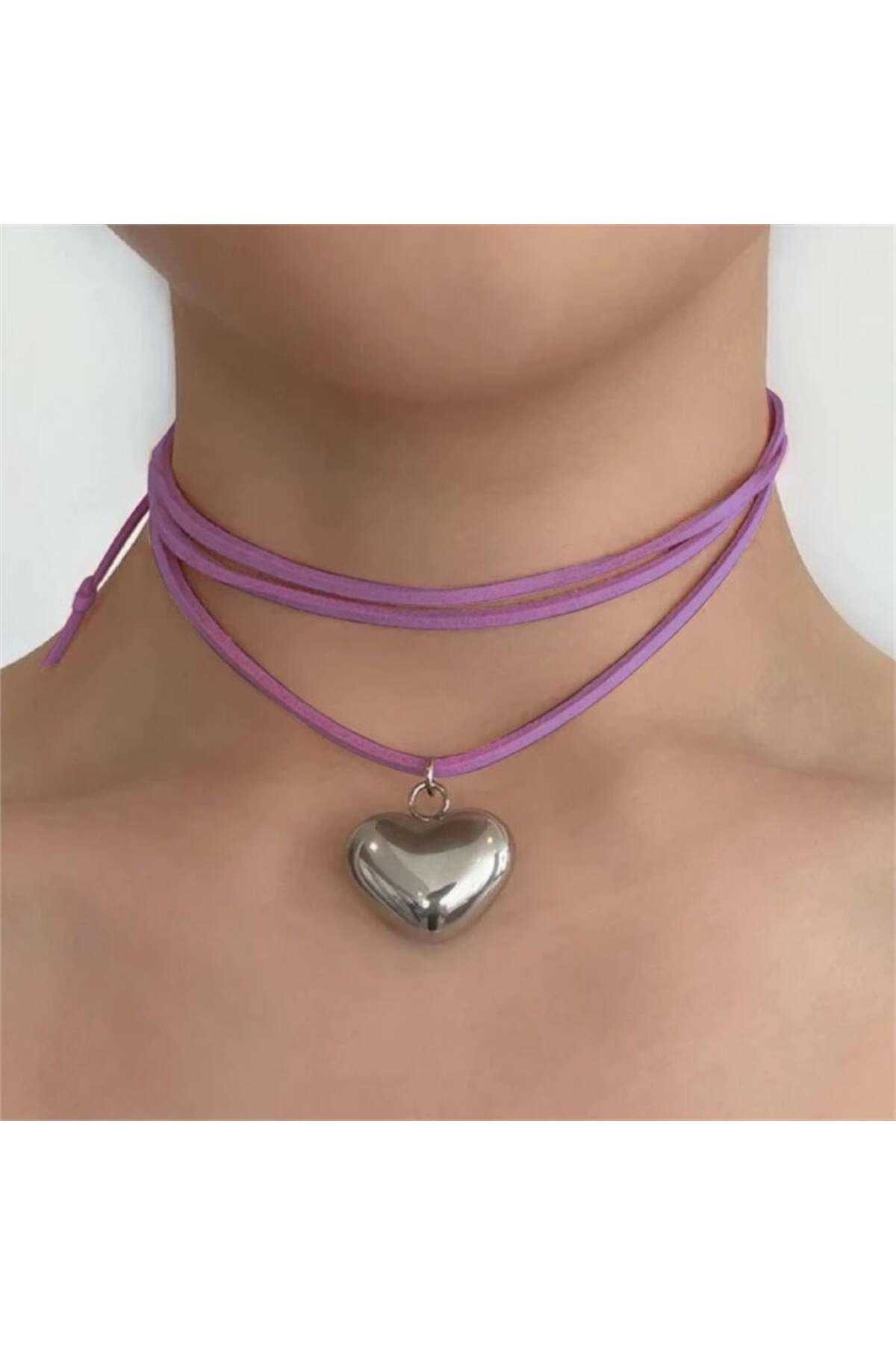 Vintage Big Heart Pembe İpli Silver Kolye