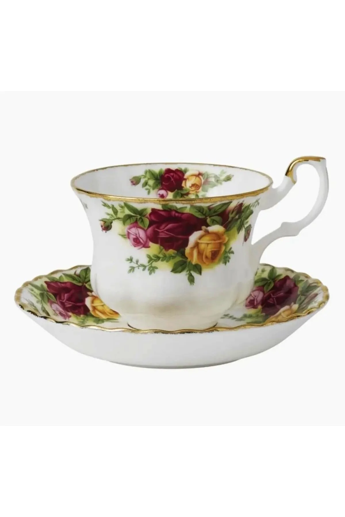 Vintage Çiçek Desenli Porselen Çay Fincanı, Altın Yaldızlı Kenar,
