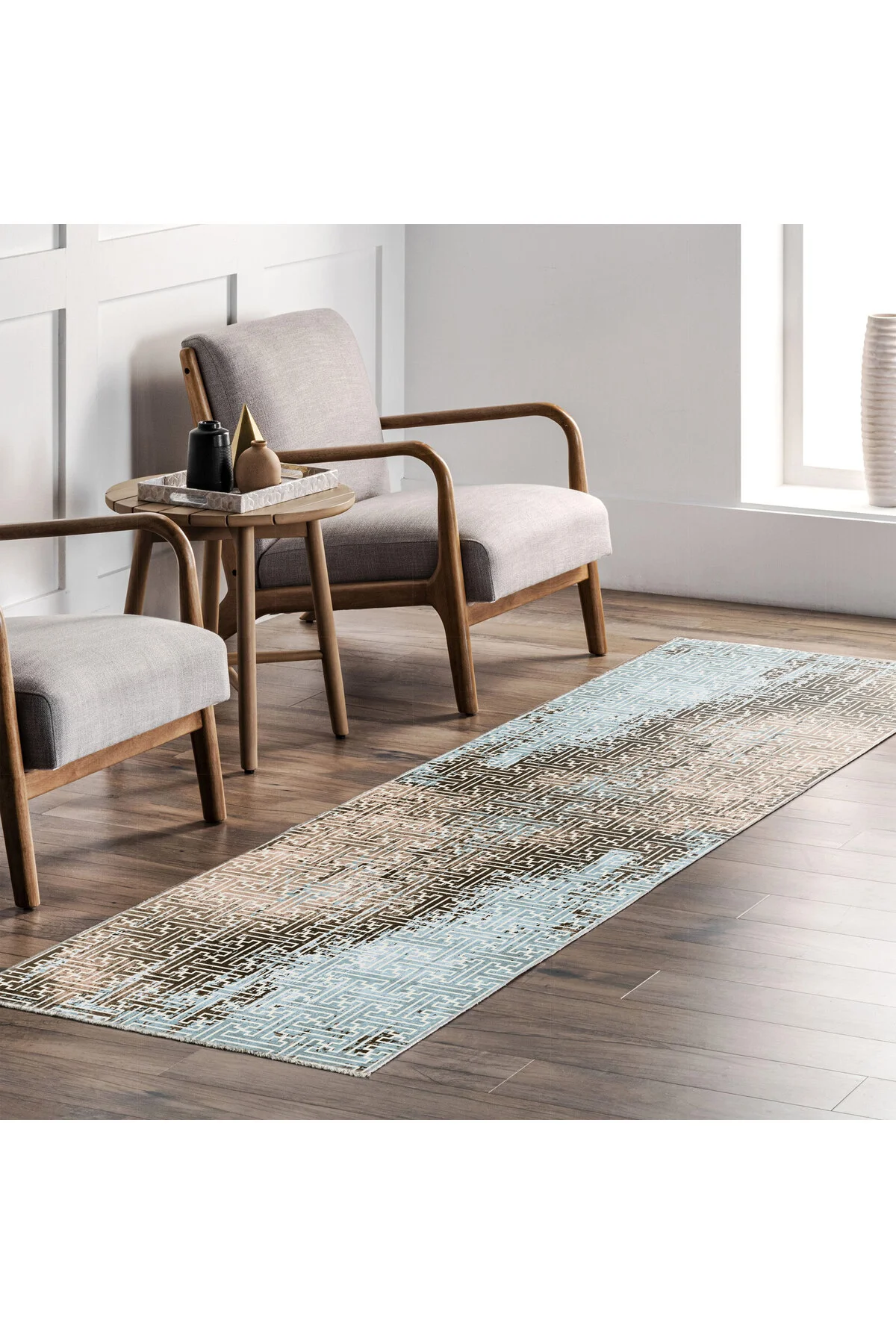 Vintage Dokunuşlu Modern Şönil Halı Kilim Yolluk Kahve Bej Açık M