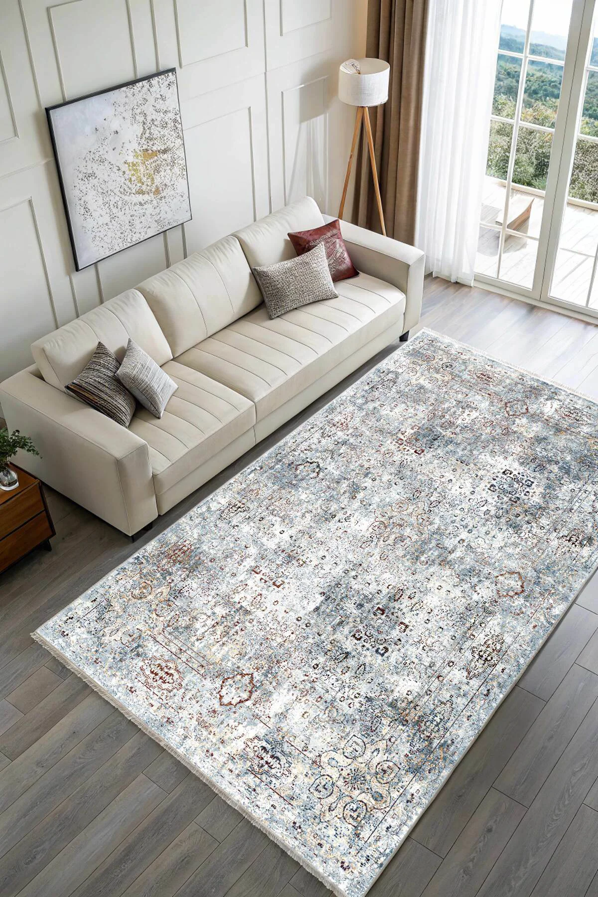 Vintage Mavi Şönil Halı Kilim Yolluk Kaymaz Saçaklı Yıkanabilir S