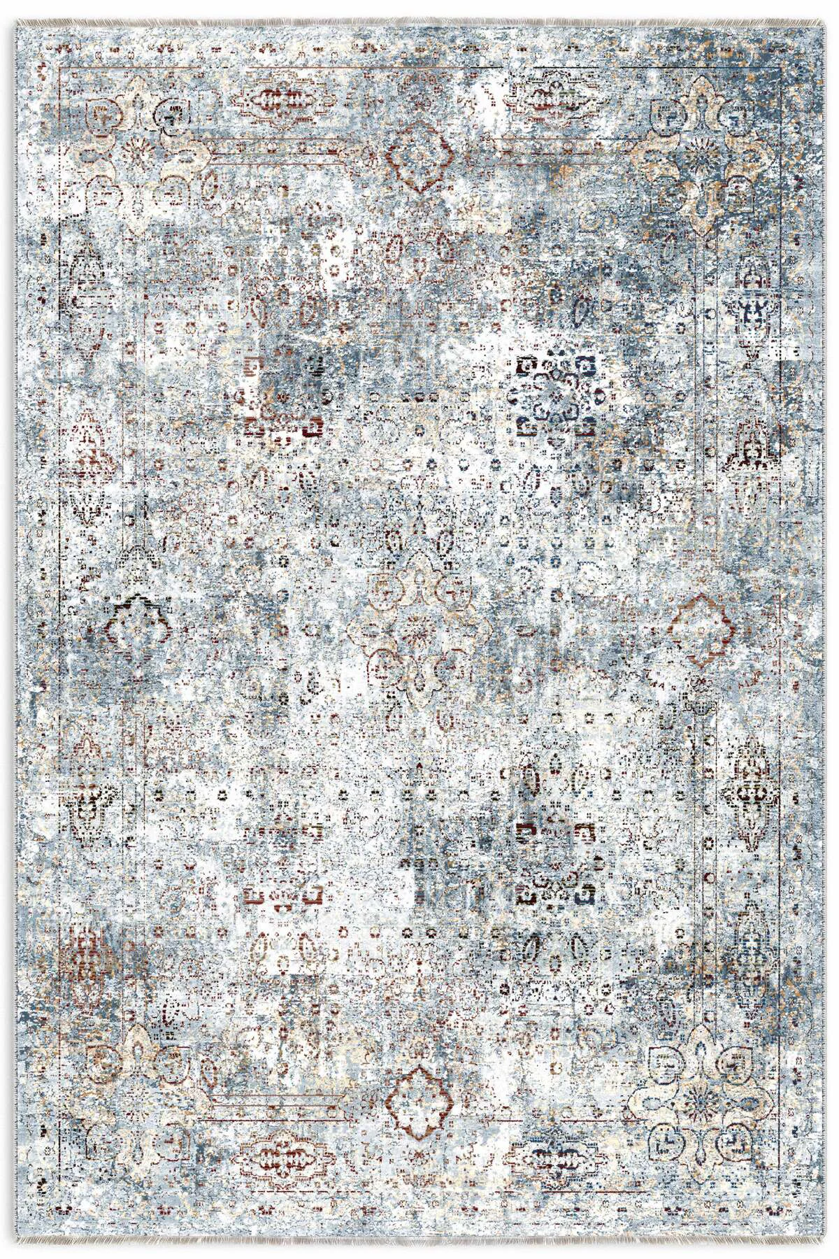 Vintage Mavi Şönil Halı Kilim Yolluk Kaymaz Saçaklı Yıkanabilir S