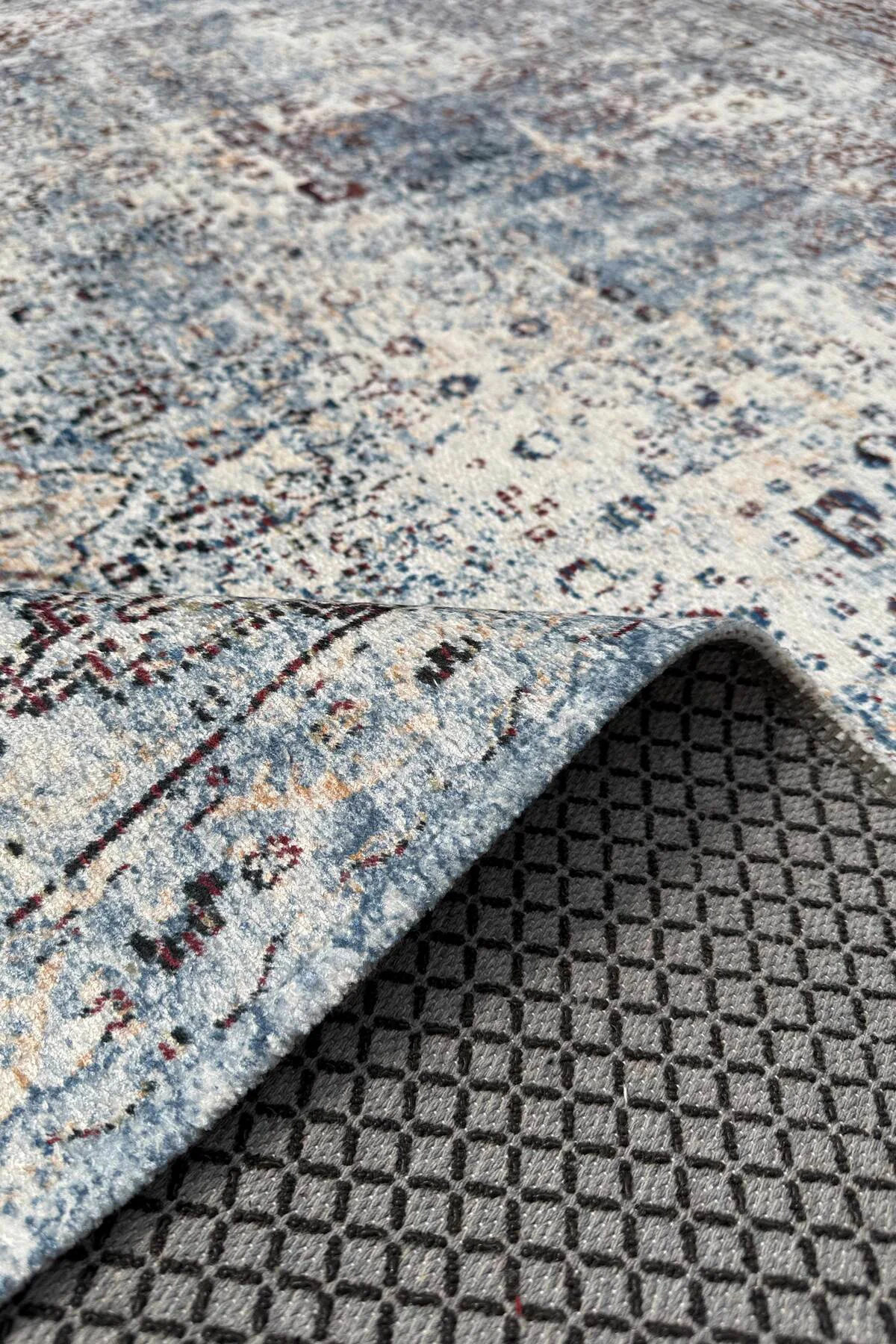 Vintage Mavi Şönil Halı Kilim Yolluk Kaymaz Saçaklı Yıkanabilir S