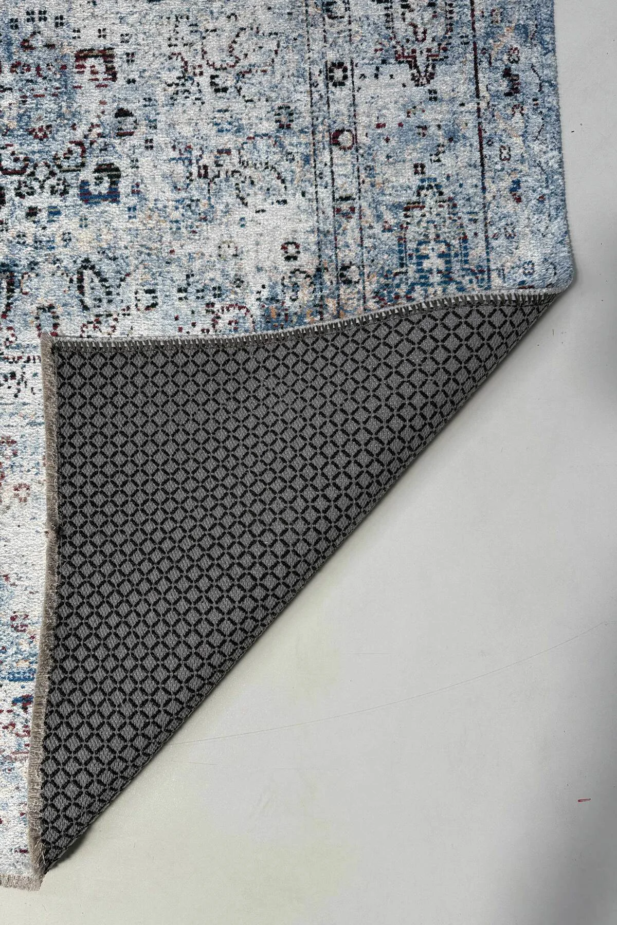 Vintage Mavi Şönil Halı Kilim Yolluk Kaymaz Saçaklı Yıkanabilir S