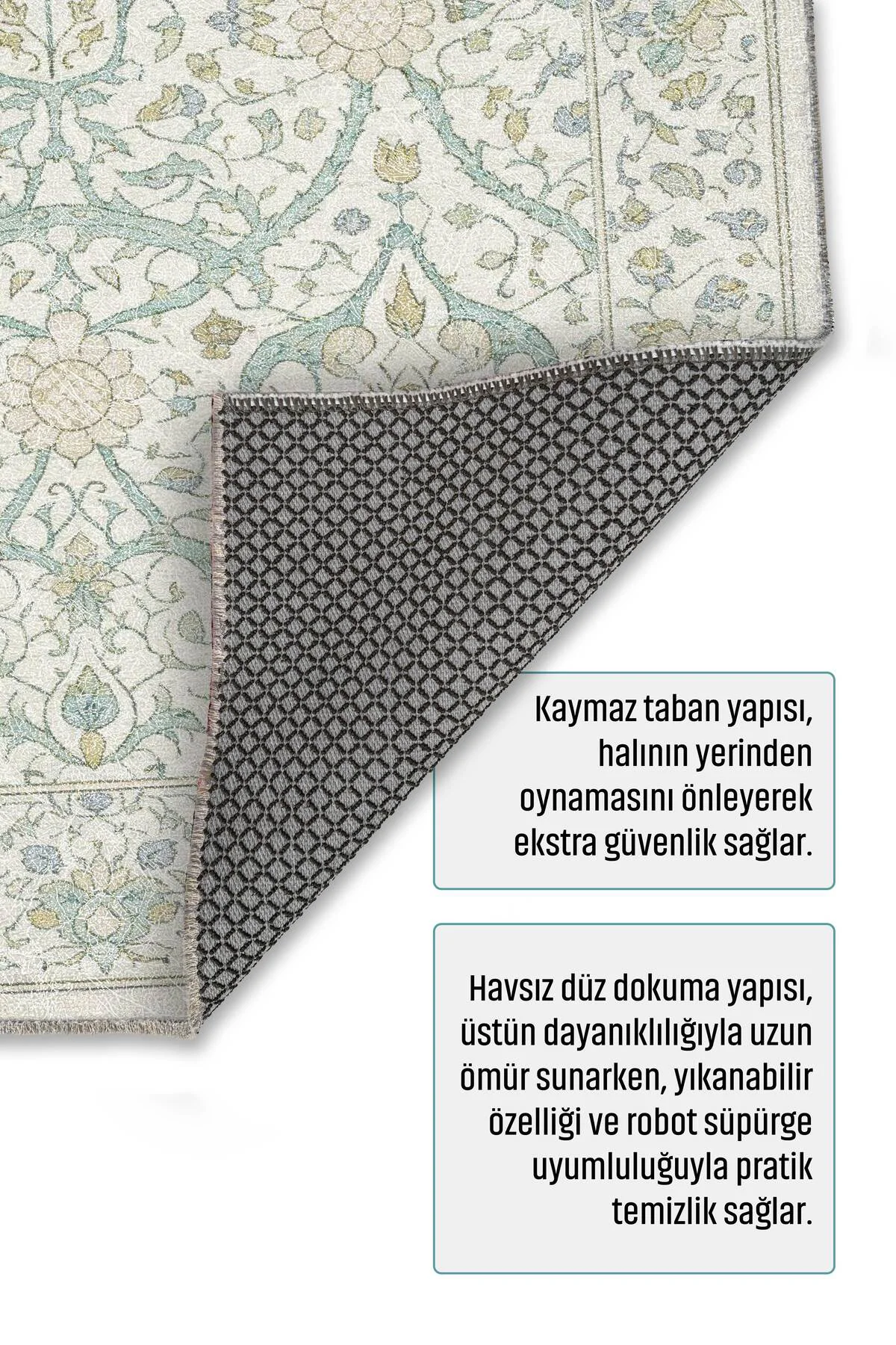 Vintage Mint Yeşili Bej Şönil Halı Kilim Yolluk Kaymaz Yıkanabili