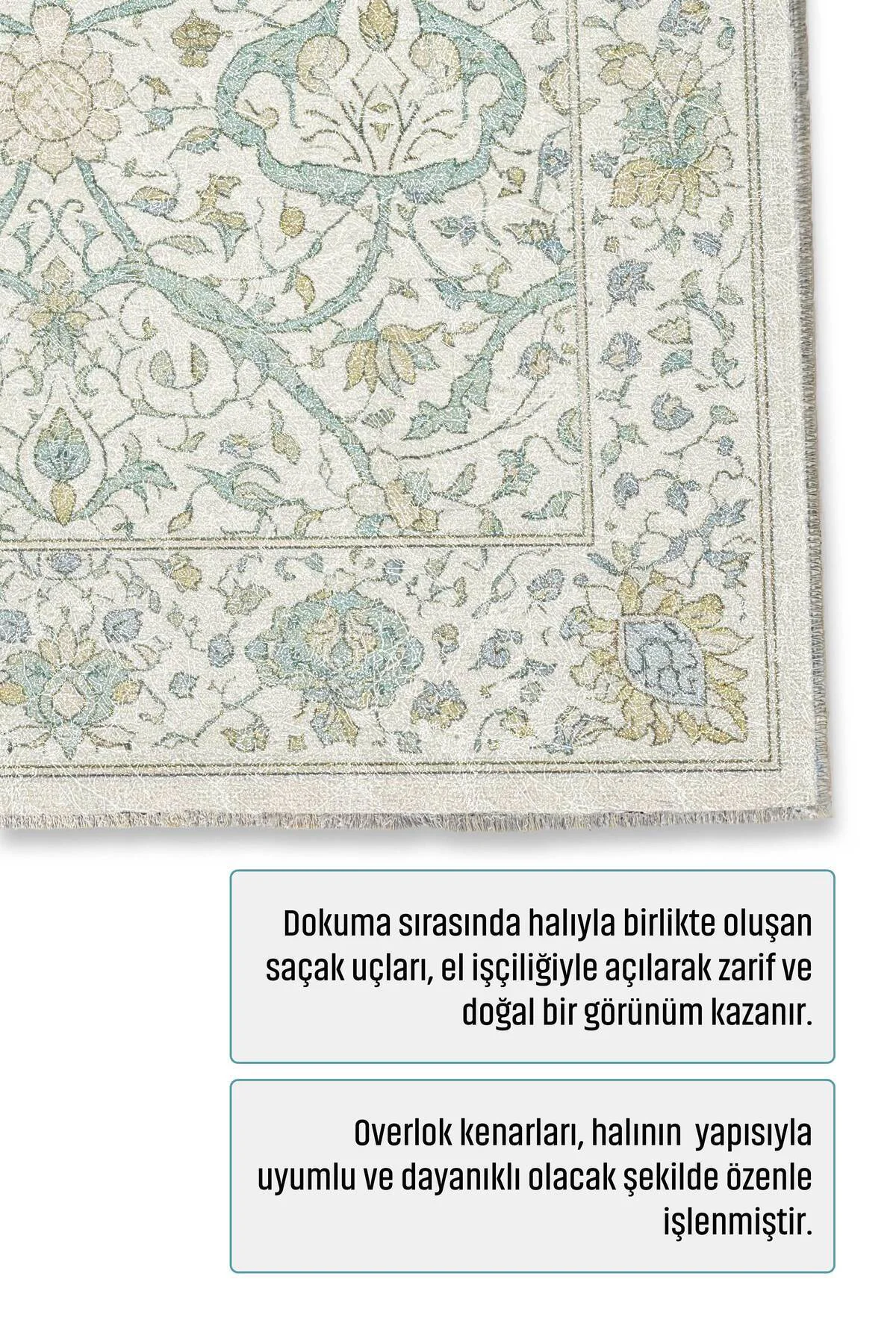 Vintage Mint Yeşili Bej Şönil Halı Kilim Yolluk Kaymaz Yıkanabili