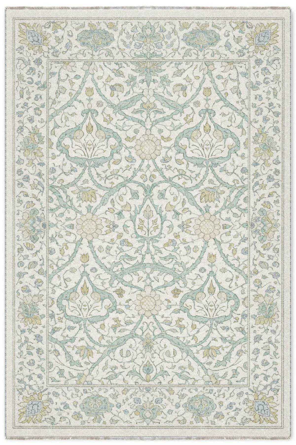 Vintage Mint Yeşili Bej Şönil Halı Kilim Yolluk Kaymaz Yıkanabili