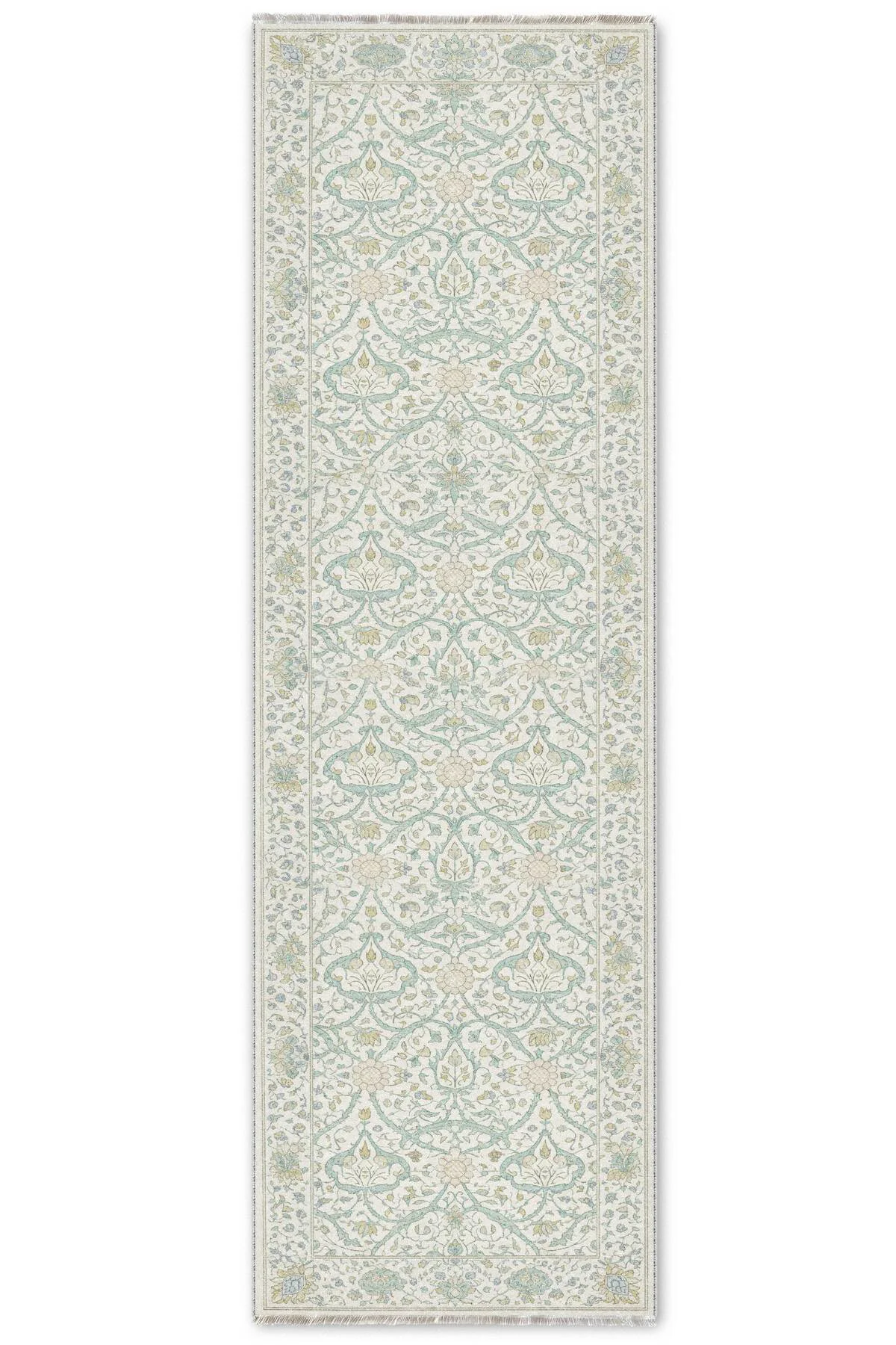 Vintage Mint Yeşili Bej Şönil Halı Kilim Yolluk Kaymaz Yıkanabili