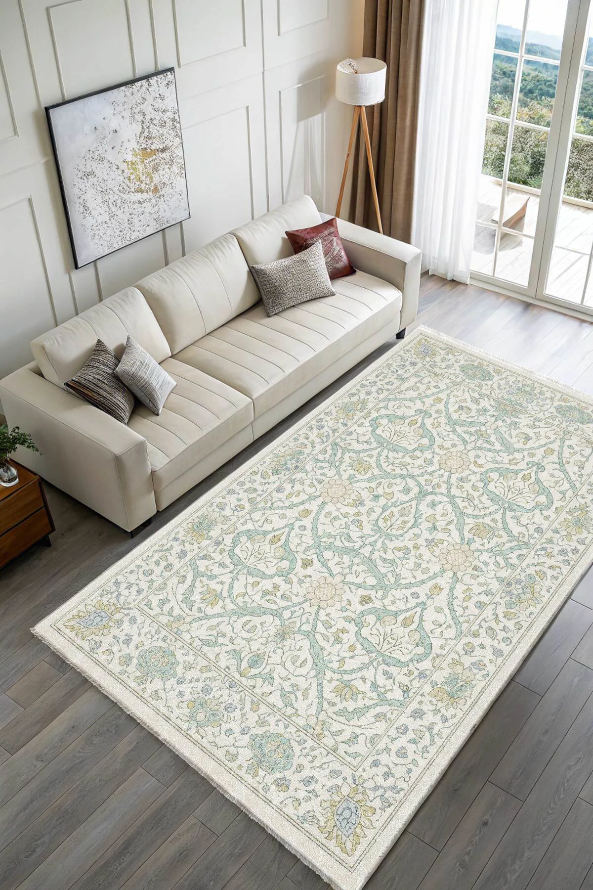 Vintage Mint Yeşili Bej Şönil Halı Kilim Yolluk Kaymaz Yıkanabili