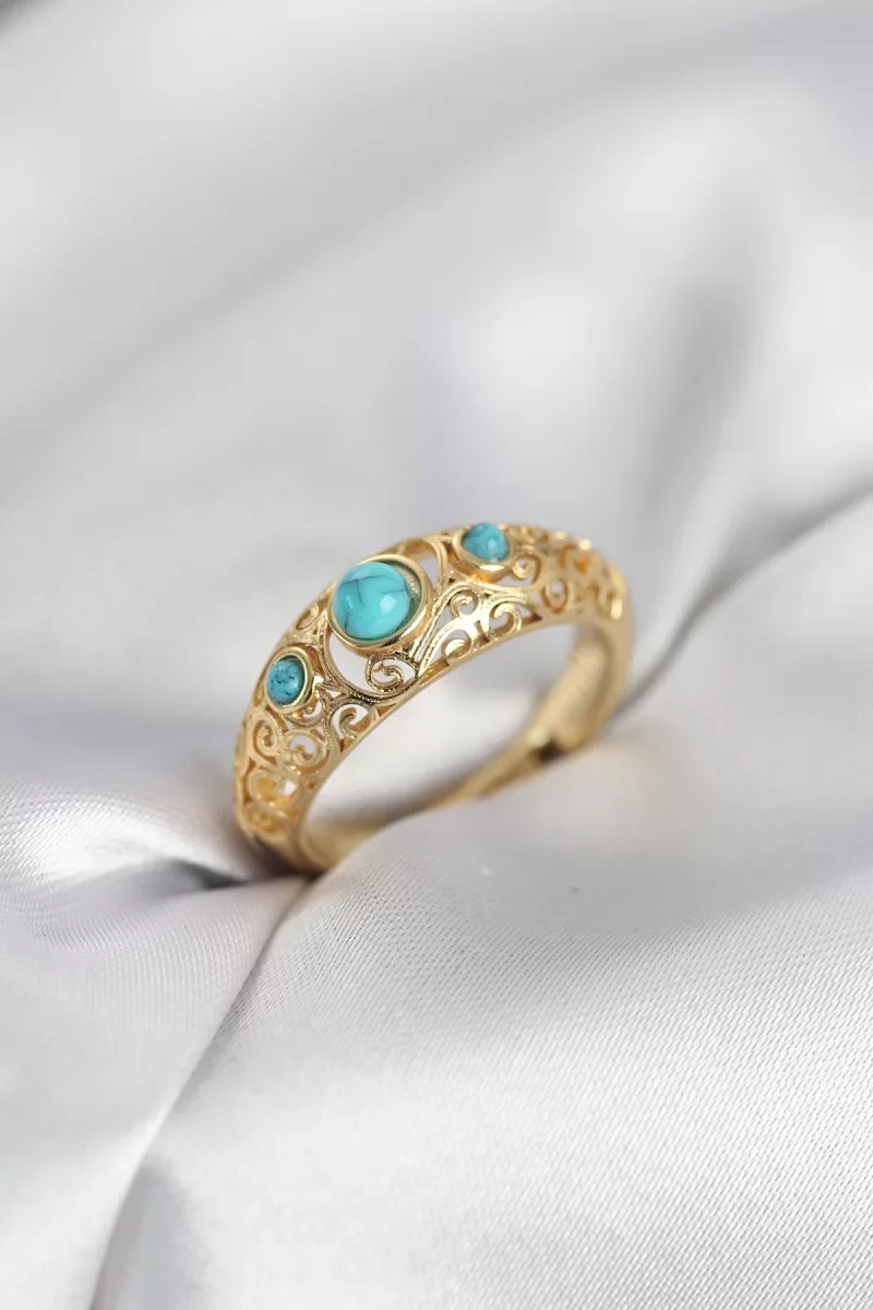 Vintage Model Mavi Taşlı Gold Renk Kadın Yüzük - Lisinya