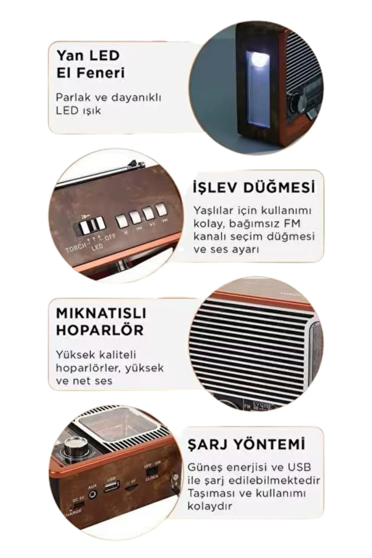 Vintage Nostaljik Radyo AUX USB SD Kart Girişli Şarjlı Bluetooth 