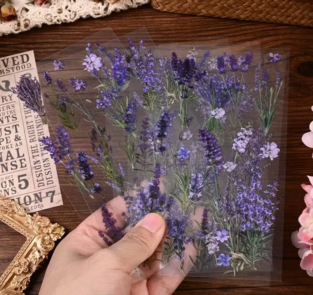 Vintage Sticker Natural Stiker Çıkartma Etiket 6'lı Set- Mor Çiçe