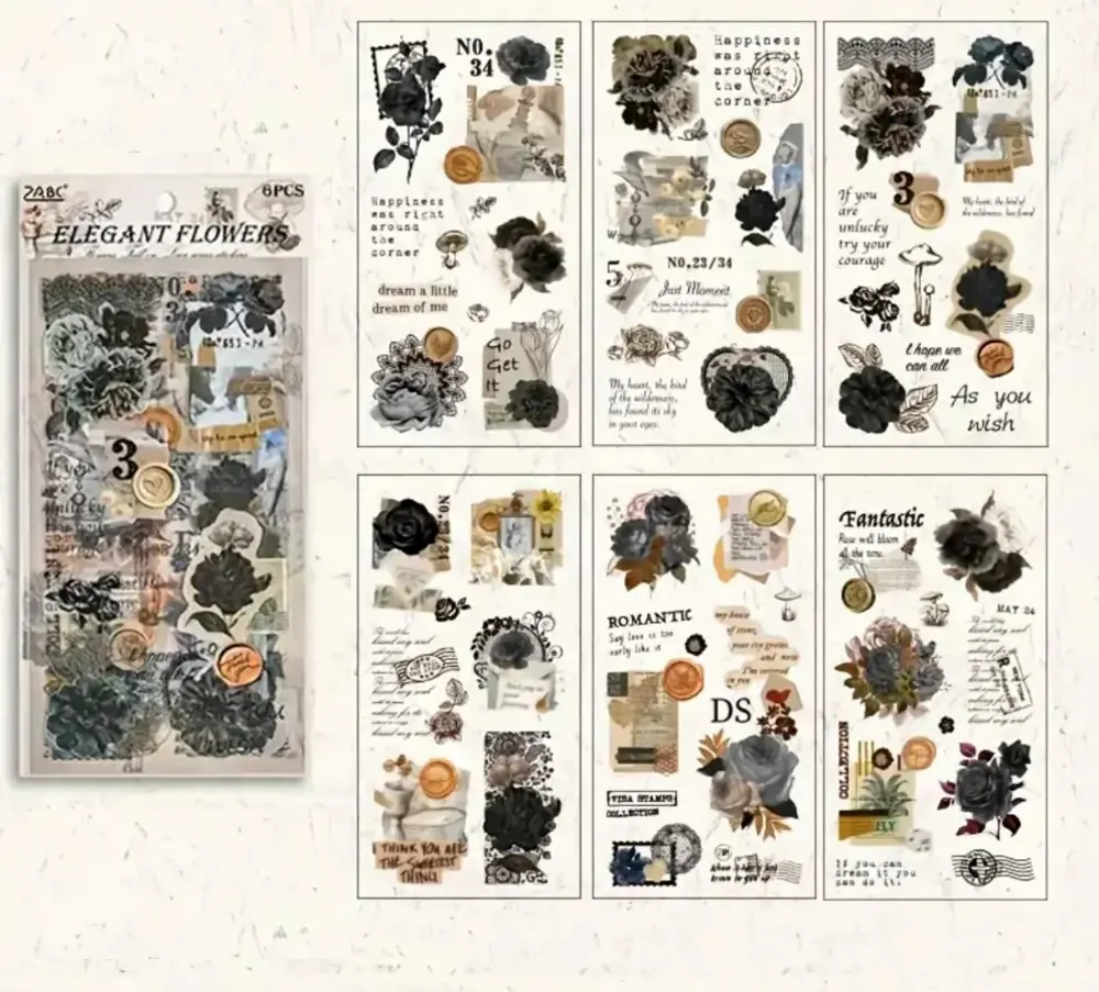Vintage Sticker Stiker Çıkartma Etiket 6'lı Set- Elegant Flowers