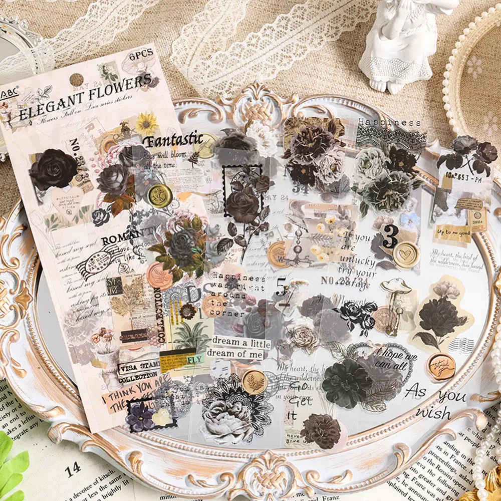 Vintage Sticker Stiker Çıkartma Etiket 6'lı Set- Elegant Flowers