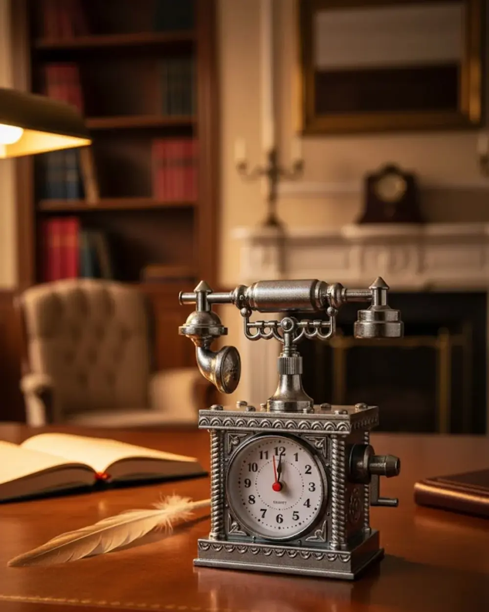 Vintage Telefon Tasarımlı Masa Saati ve Çalar Saat Dekoratif Mode