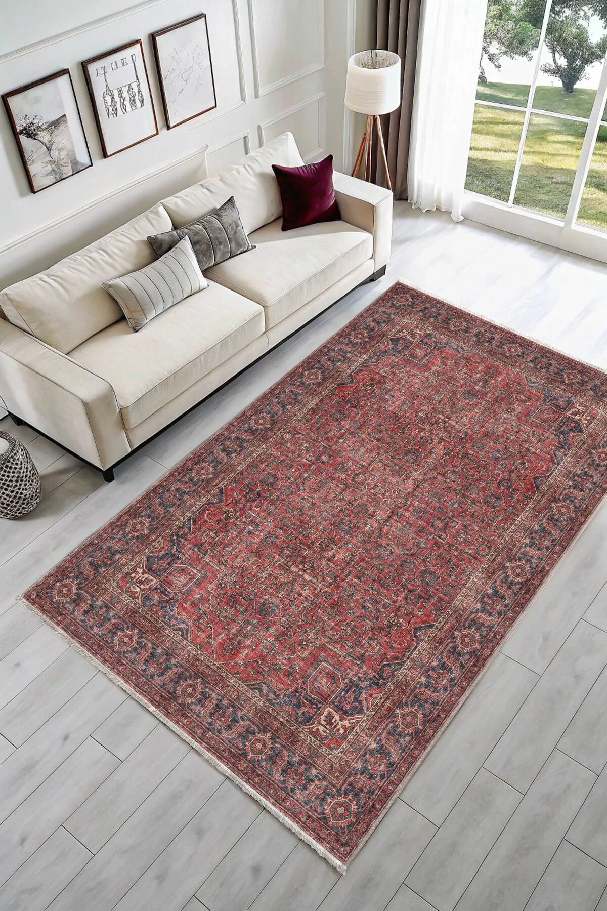 Vintage Tuğla Kırmızı Lacivert Şönil Halı Kilim Yolluk Kaymaz Yık