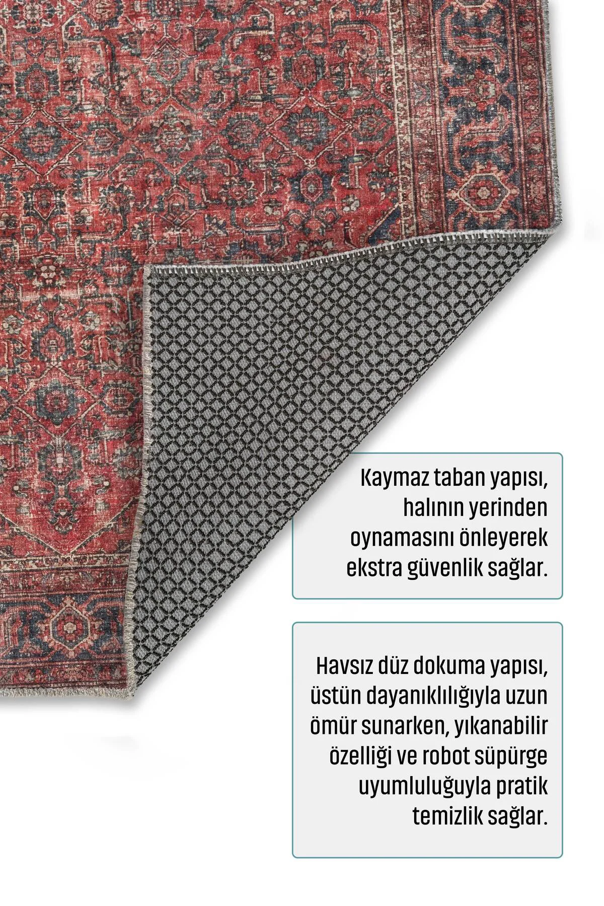 Vintage Tuğla Kırmızı Lacivert Şönil Halı Kilim Yolluk Kaymaz Yık