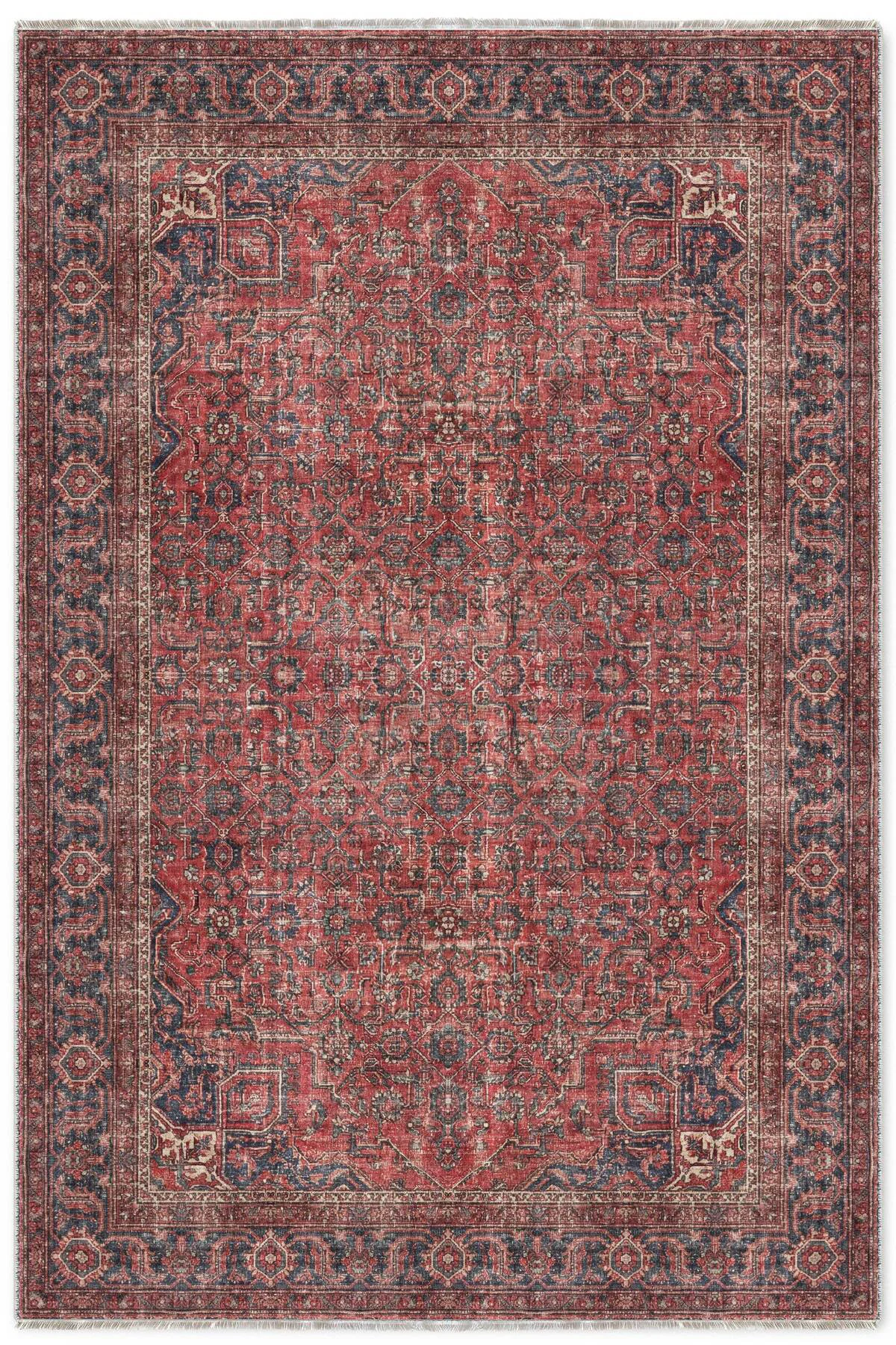 Vintage Tuğla Kırmızı Lacivert Şönil Halı Kilim Yolluk Kaymaz Yık