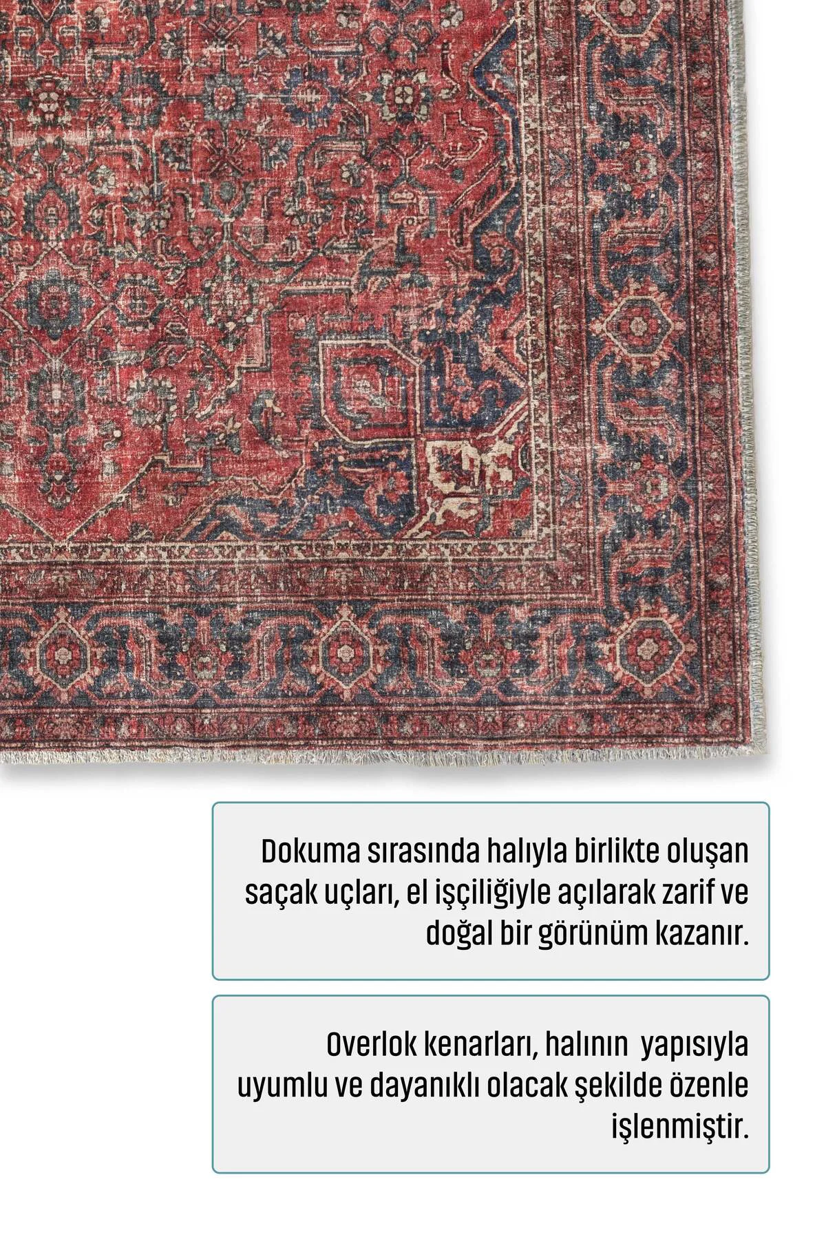 Vintage Tuğla Kırmızı Lacivert Şönil Halı Kilim Yolluk Kaymaz Yık