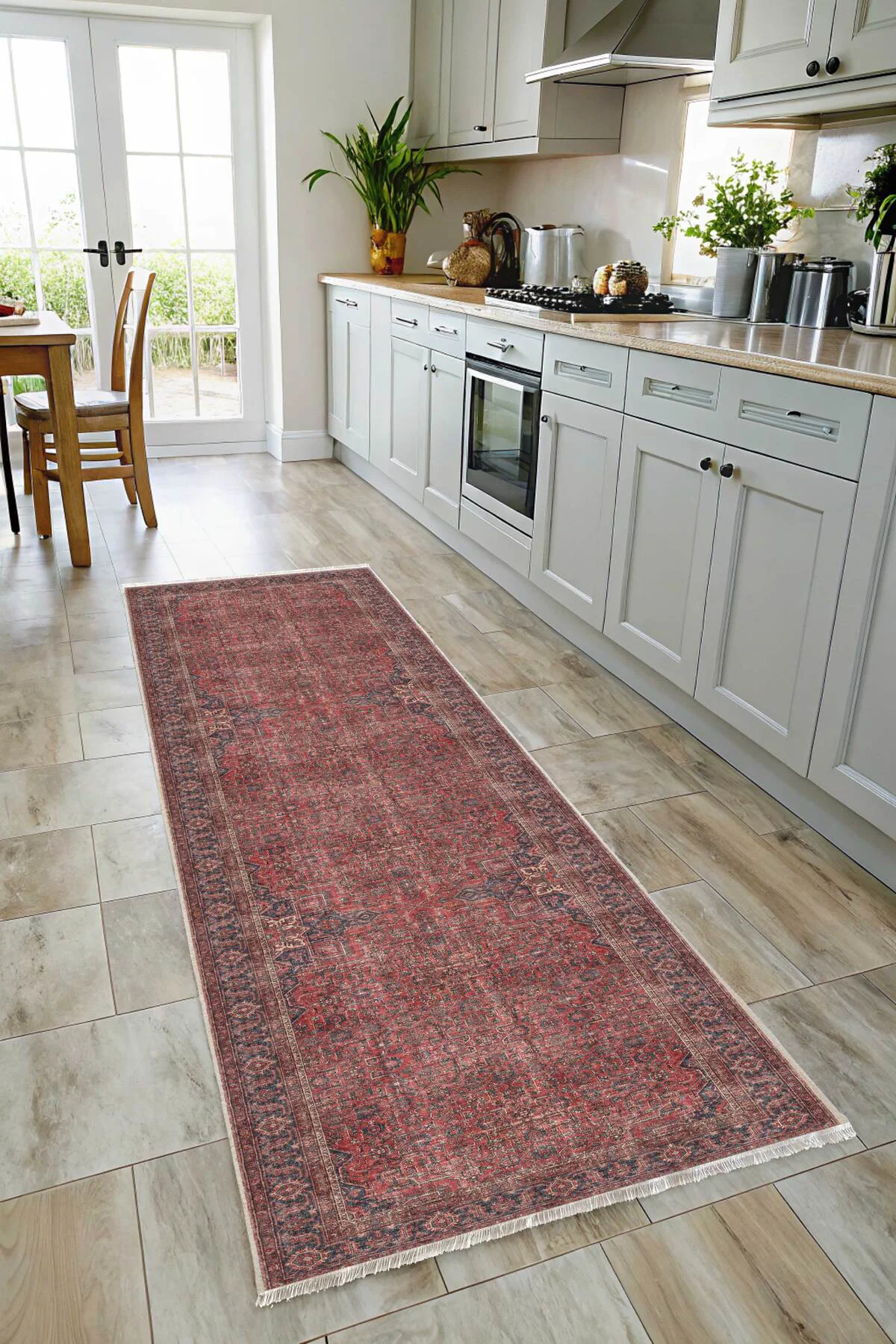 Vintage Tuğla Kırmızı Lacivert Şönil Halı Kilim Yolluk Kaymaz Yık