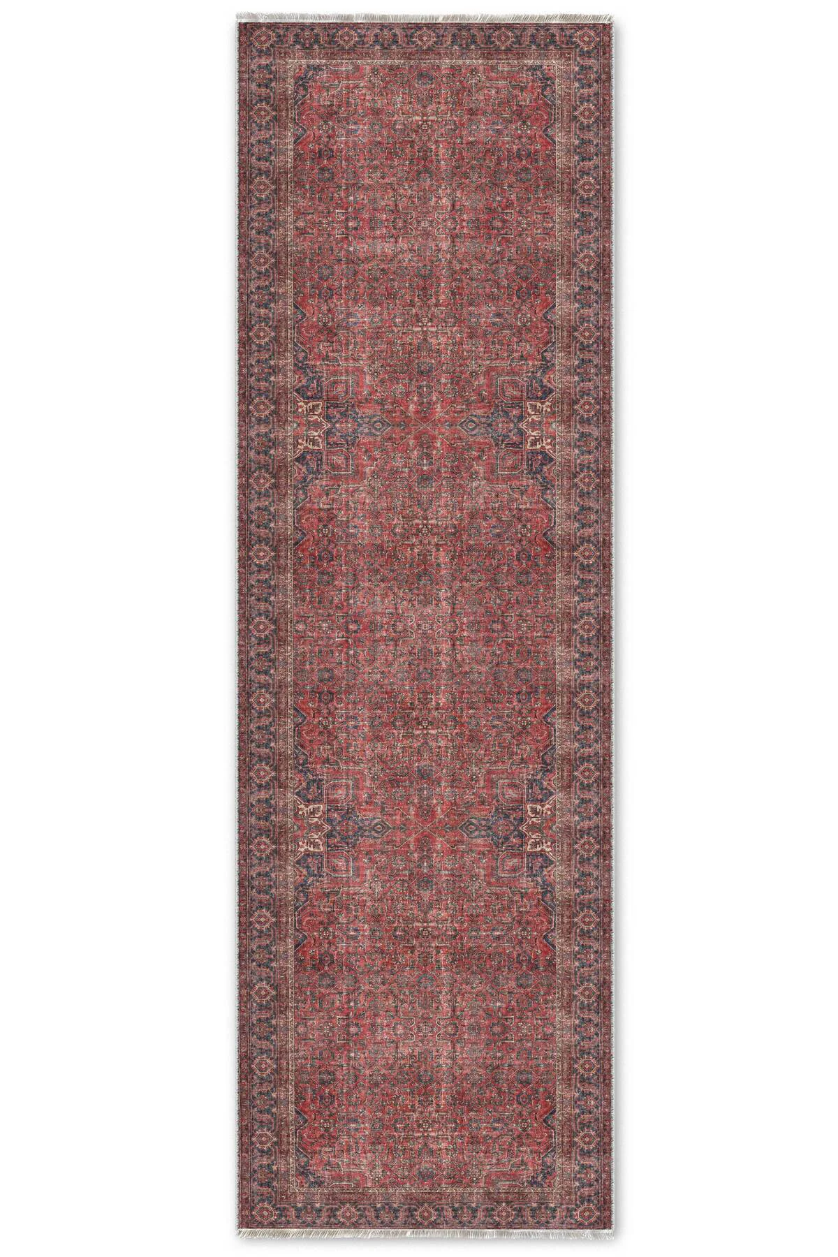 Vintage Tuğla Kırmızı Lacivert Şönil Halı Kilim Yolluk Kaymaz Yık