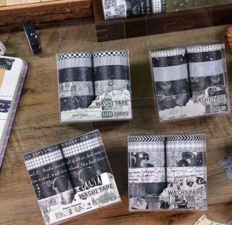 Vintage Washi Tape Bant Siyah Beyaz Yapışkanlı Maskeleme Kağıdı D