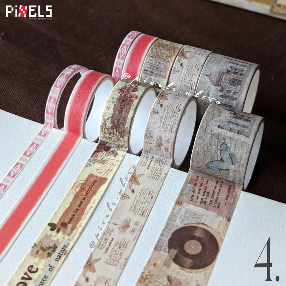 Vintage Washi Tape Bant Baskılı Yapışkanlı Maskeleme Kağıdı 45F D