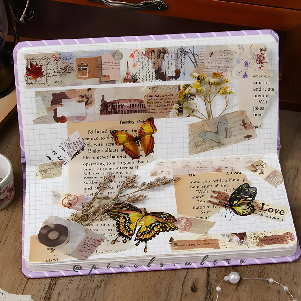 Vintage Washi Tape Bant Baskılı Yapışkanlı Maskeleme Kağıdı 45F D