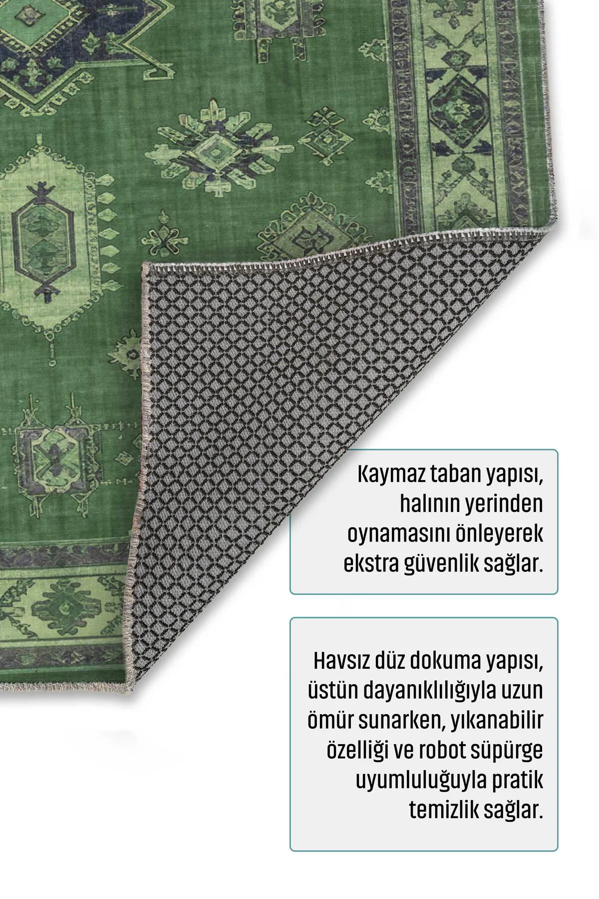 Vintage Yeşil Şönil Halı Kilim Yolluk Kaymaz Yıkanabilir Kendinde