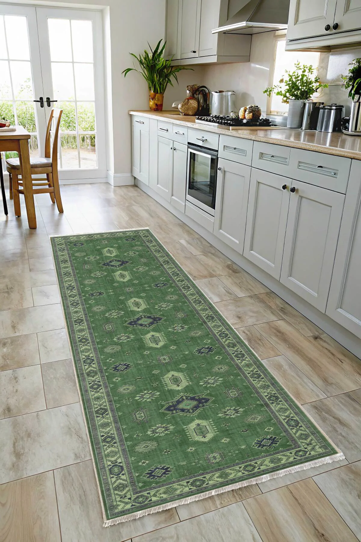 Vintage Yeşil Şönil Halı Kilim Yolluk Kaymaz Yıkanabilir Kendinde