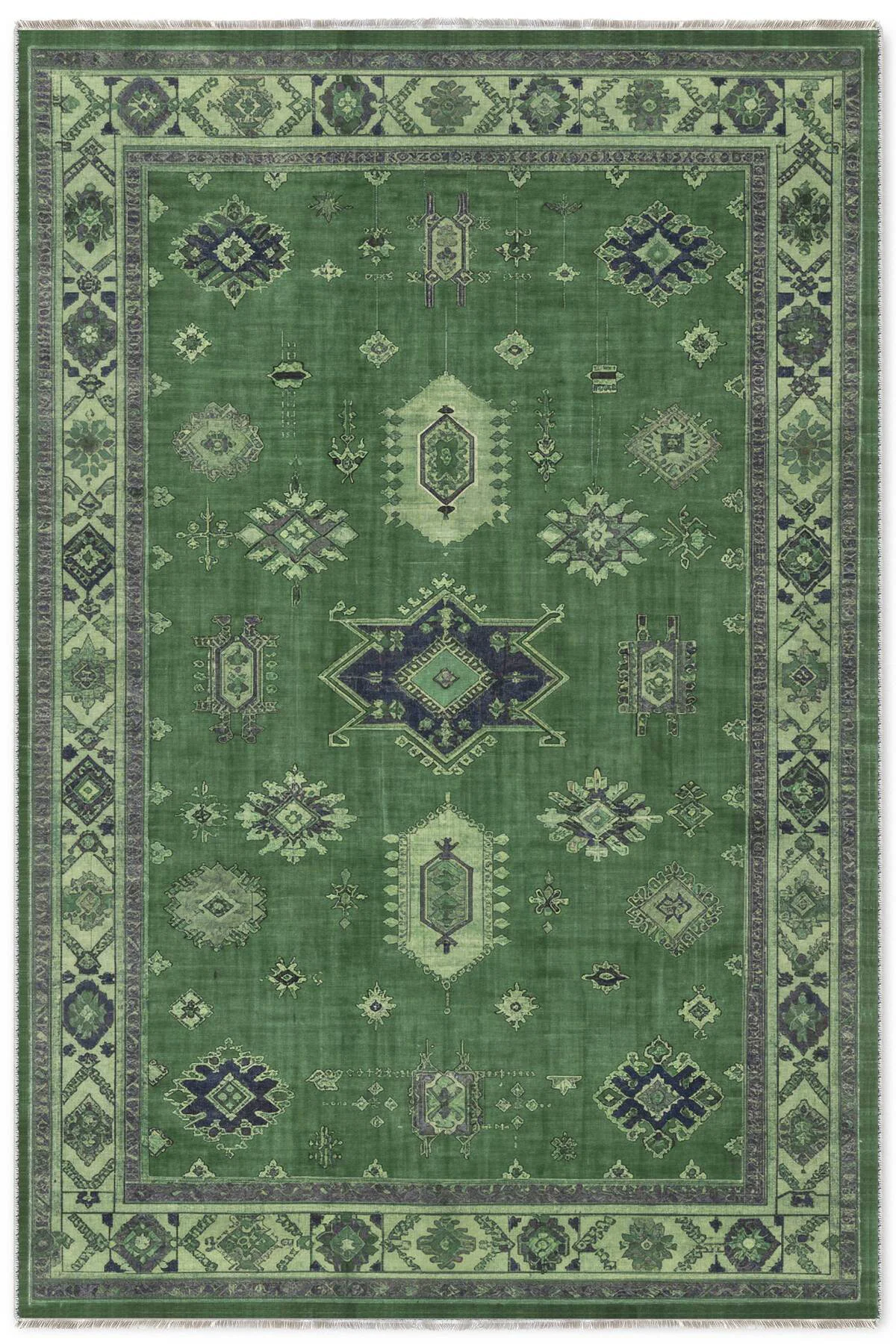 Vintage Yeşil Şönil Halı Kilim Yolluk Kaymaz Yıkanabilir Kendinde