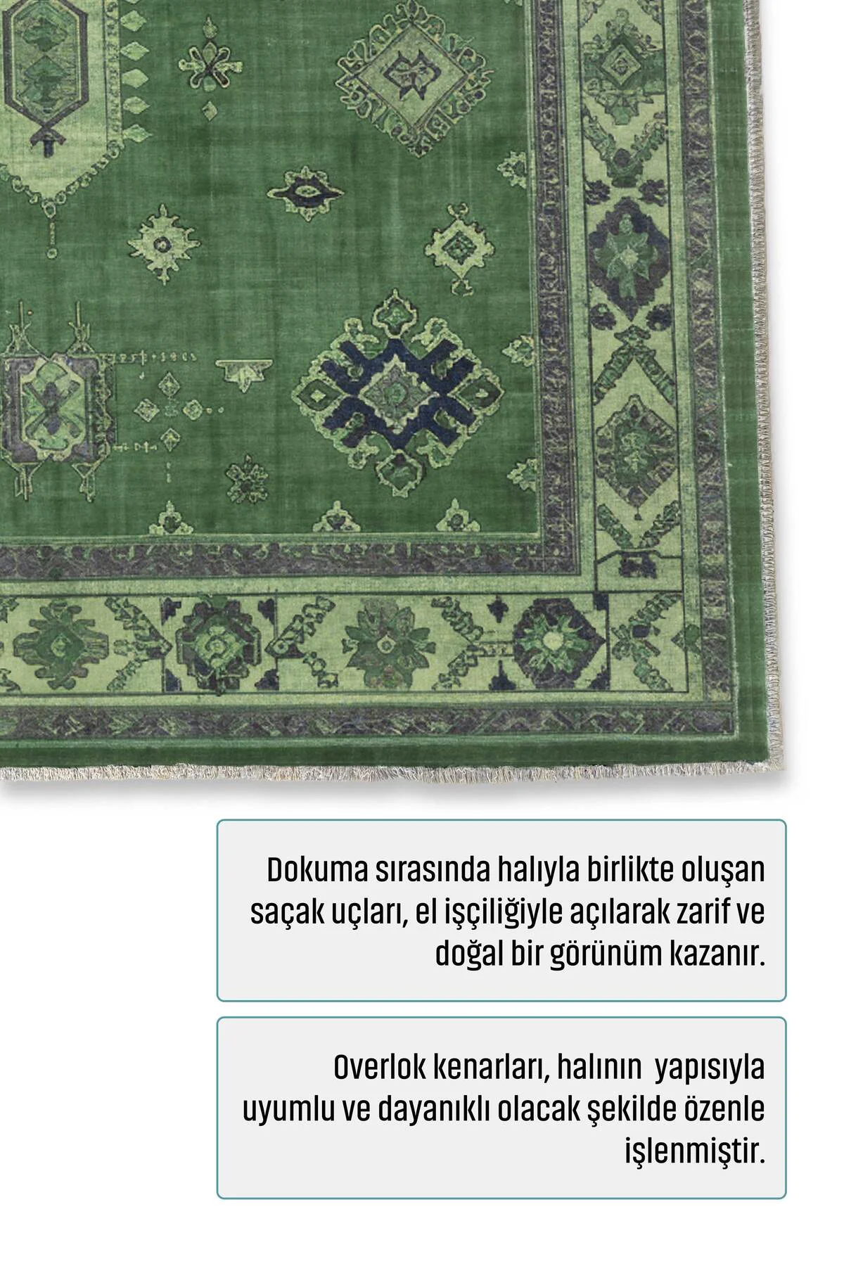 Vintage Yeşil Şönil Halı Kilim Yolluk Kaymaz Yıkanabilir Kendinde