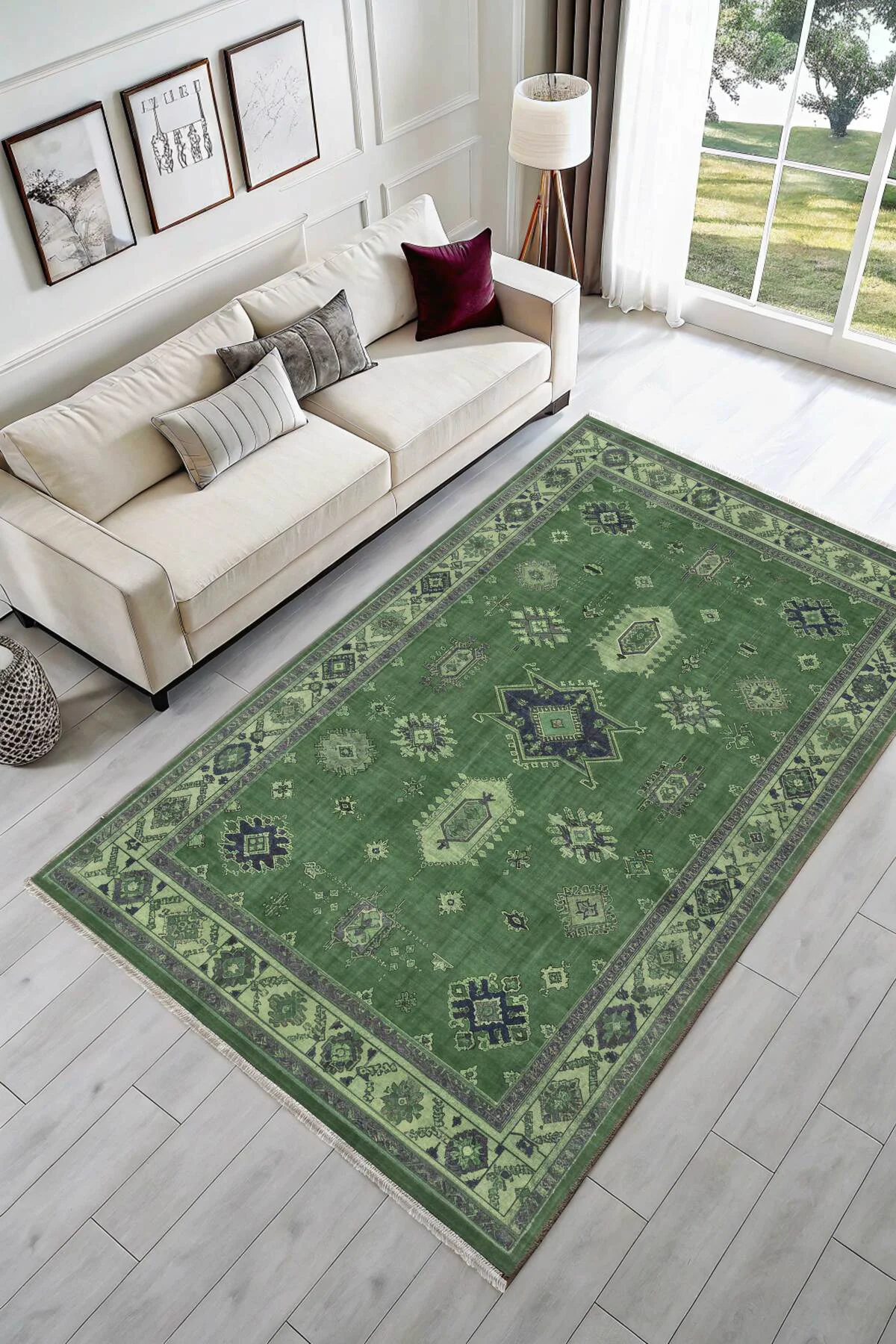Vintage Yeşil Şönil Halı Kilim Yolluk Kaymaz Yıkanabilir Kendinde