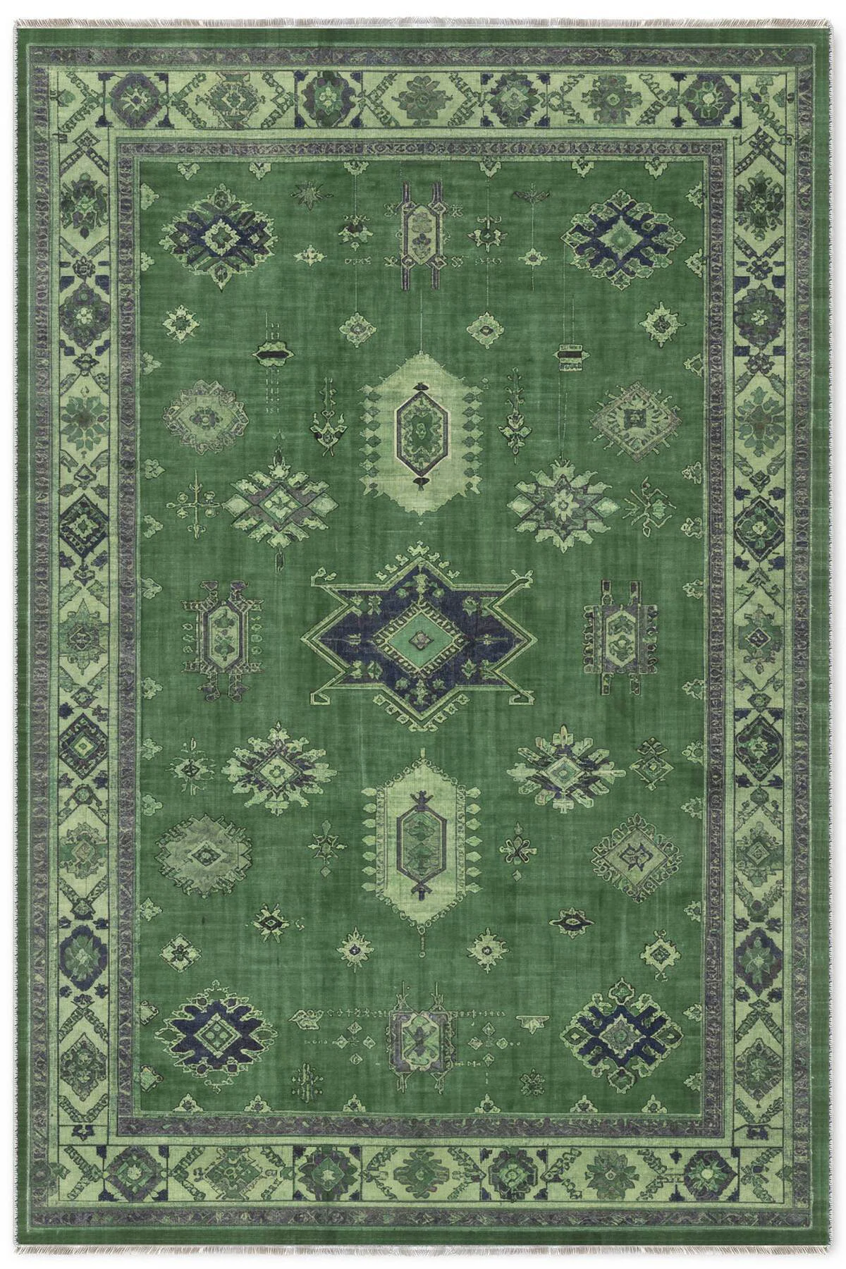 Vintage Yeşil Şönil Halı Kilim Yolluk Kaymaz Yıkanabilir Kendinde