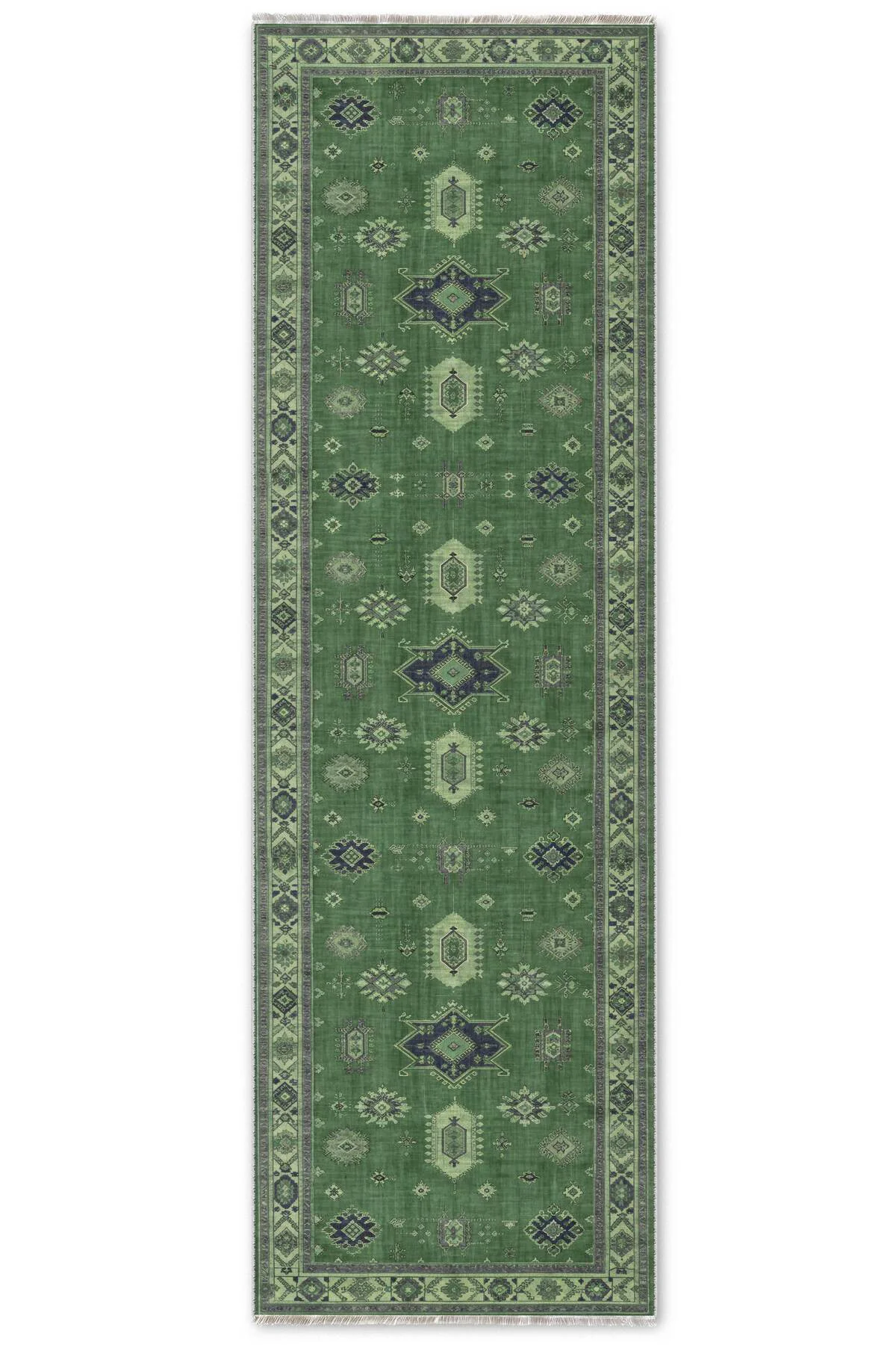 Vintage Yeşil Şönil Halı Kilim Yolluk Kaymaz Yıkanabilir Kendinde